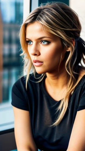 Female sexy、platinum blonde hair, light brown hair, streaked hair, blonde highlights hair, ponytail hair, dark tanned skin, crystal blue eyes, loosefitting plain unbranded black gym shirt 、Long blue jeans pants、looking at the camera, sitting drinking coffee in a cafe.