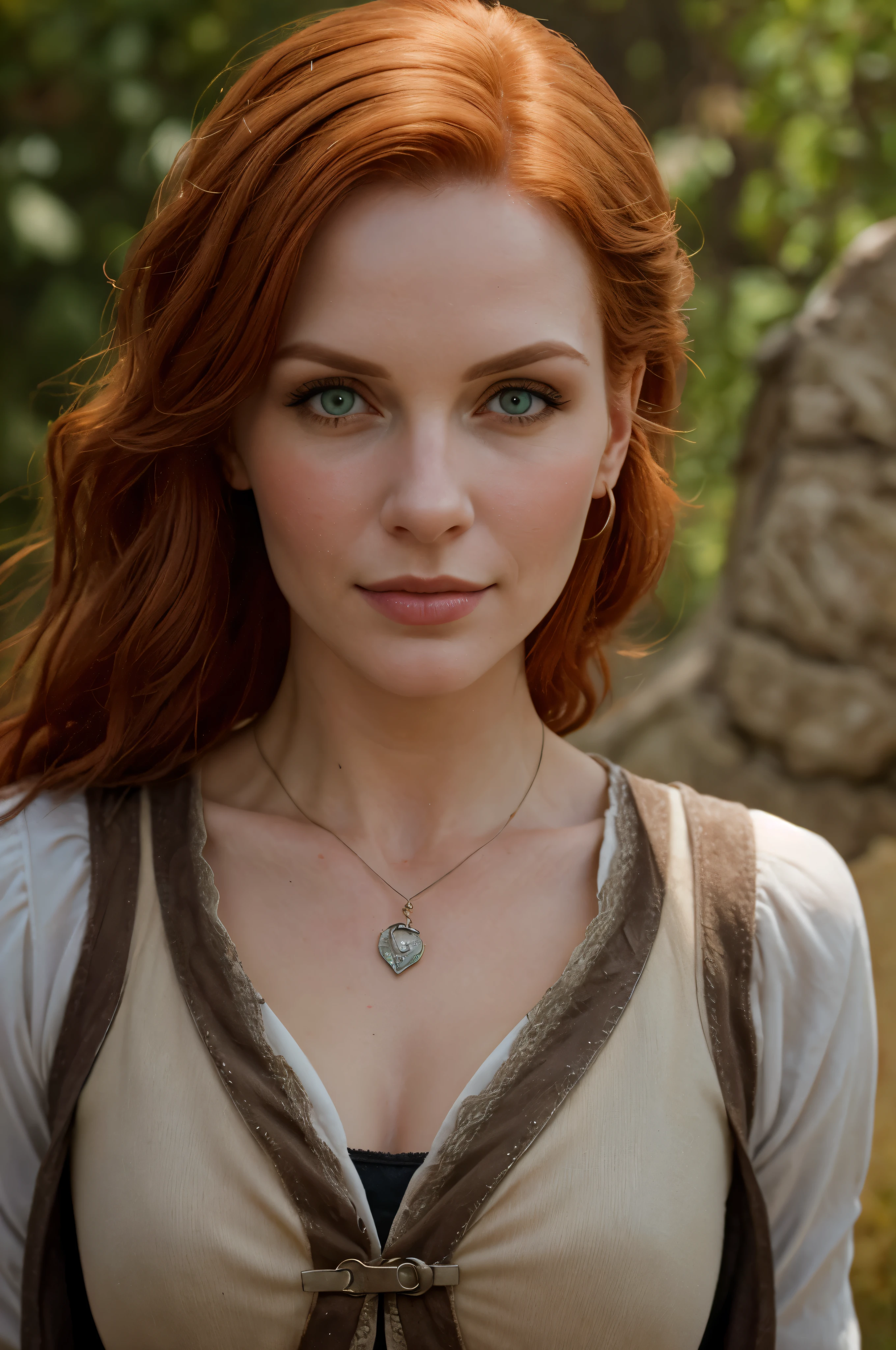 (Realistic:1.2), analog photo, RAW, female sorceress with red hair and tiny clothes, Triss Merigold, fantastic setting in "Witcher" style, whole body, Soft natural light, Cute and sexy, Pleasure, Detailed face and eyes, отличное Quality, masterpiece, detailed fantasy background with medieval setting, Quality: 16 thousand.