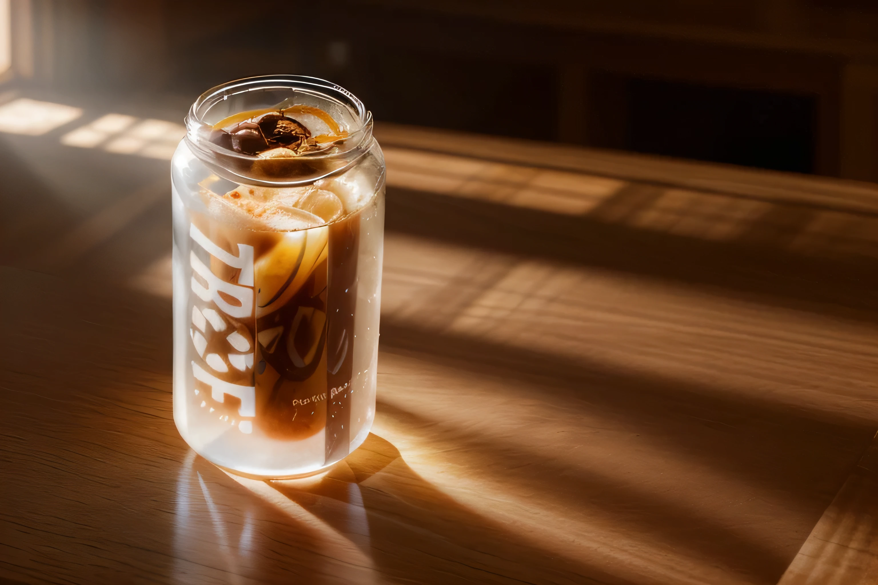 transparent plastic can on an opened book, filled with coffee, inside an huge office, wooden ceiling, photorealistic, dinamic light