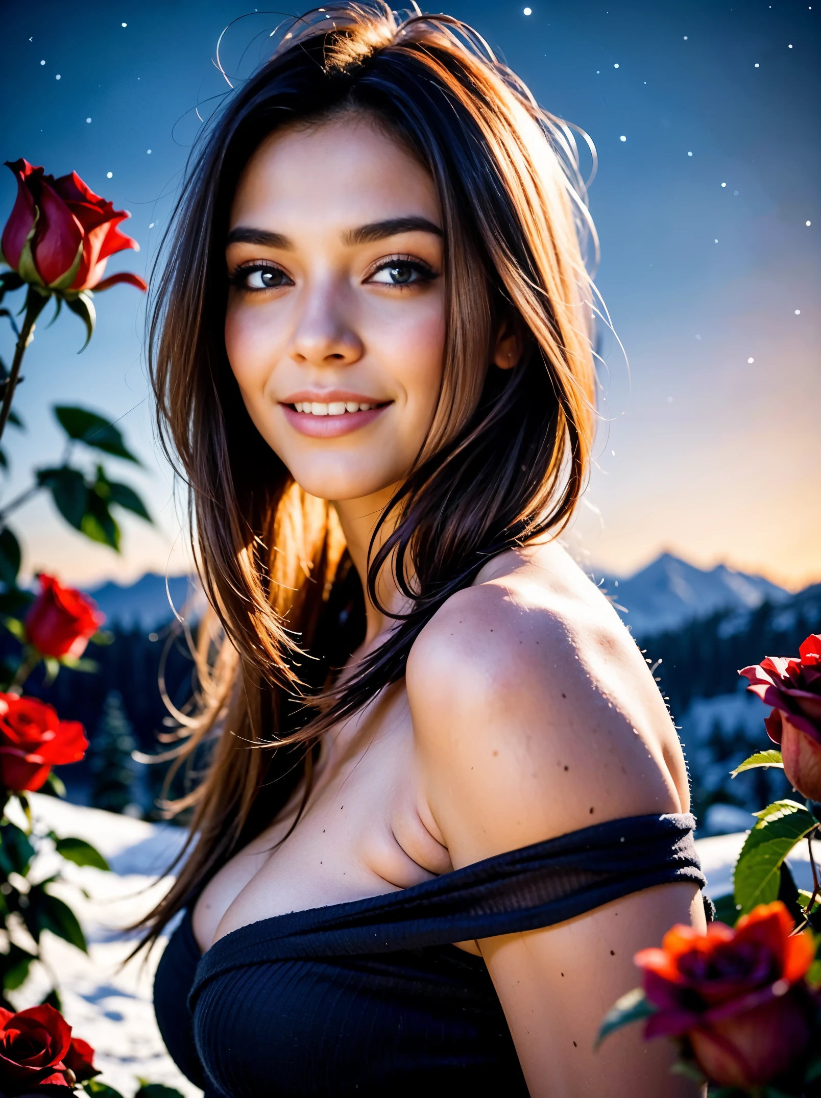 Create an artwork with three blended layers. The first layer should be the bottom third of the image and should contain the foreground. The second layer should be the middle third of the image and should contain the middle ground. The third layer should be the top third of the image and should contain the background.
Foreground: blurry red roses. Middle ground: an ultra hot European woman, age 23, light auburn (leaning foreward:1.32), smelling roses with a smile. Background a snowy village, winter starry night, northern lights.