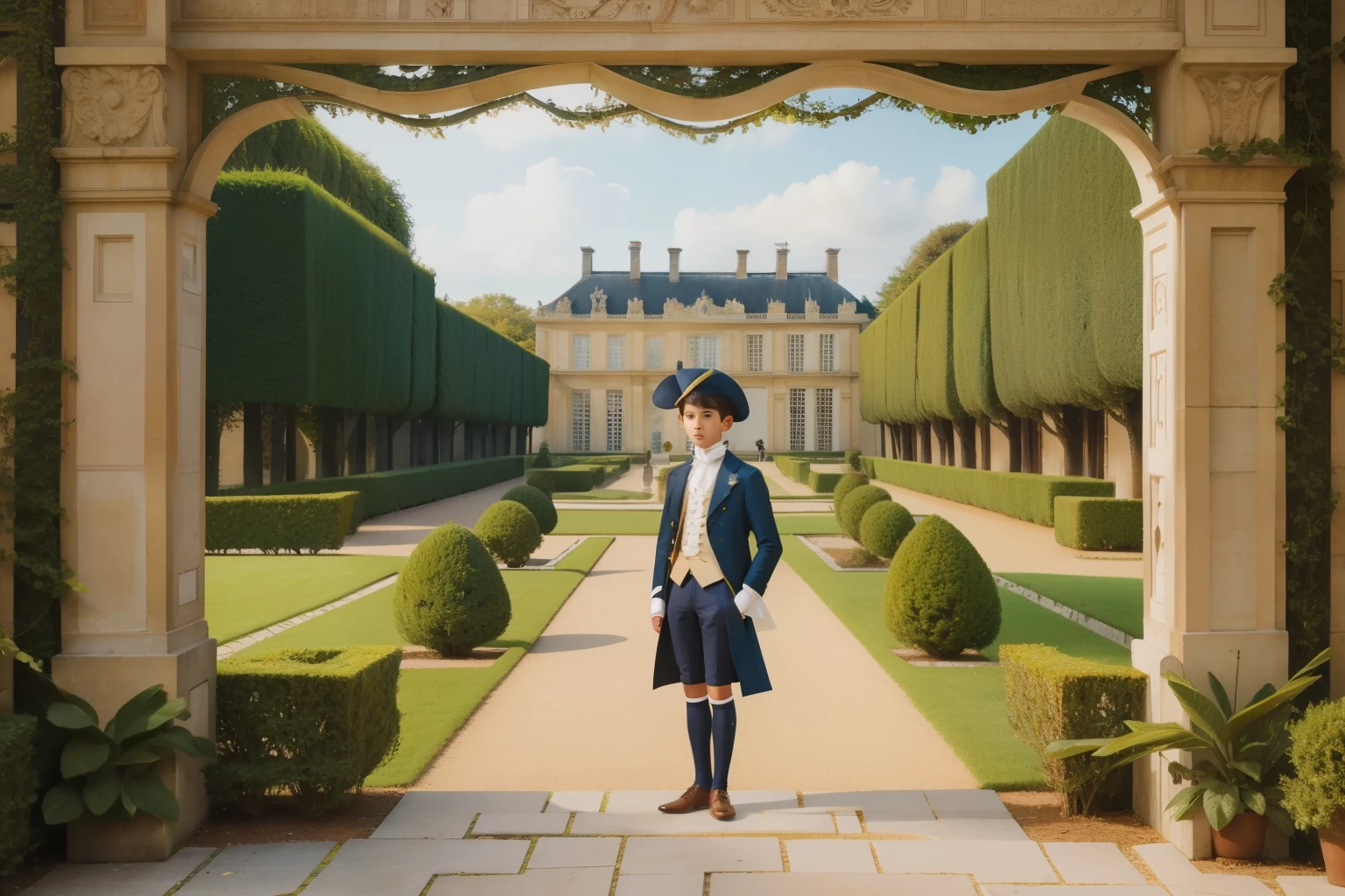 1800s French Chateau Garden Maze Exploration (Location: Versailles)
Character: A French boy, about , with aristocratic attire and a tricorn hat, navigates the intricate garden maze surrounding a chateau in Versailles during the 1800s. His sense of wonder is accentuated by the carefully sculpted hedges. Wes Anderson's Versailles palette weaves a tapestry of refined curiosity.