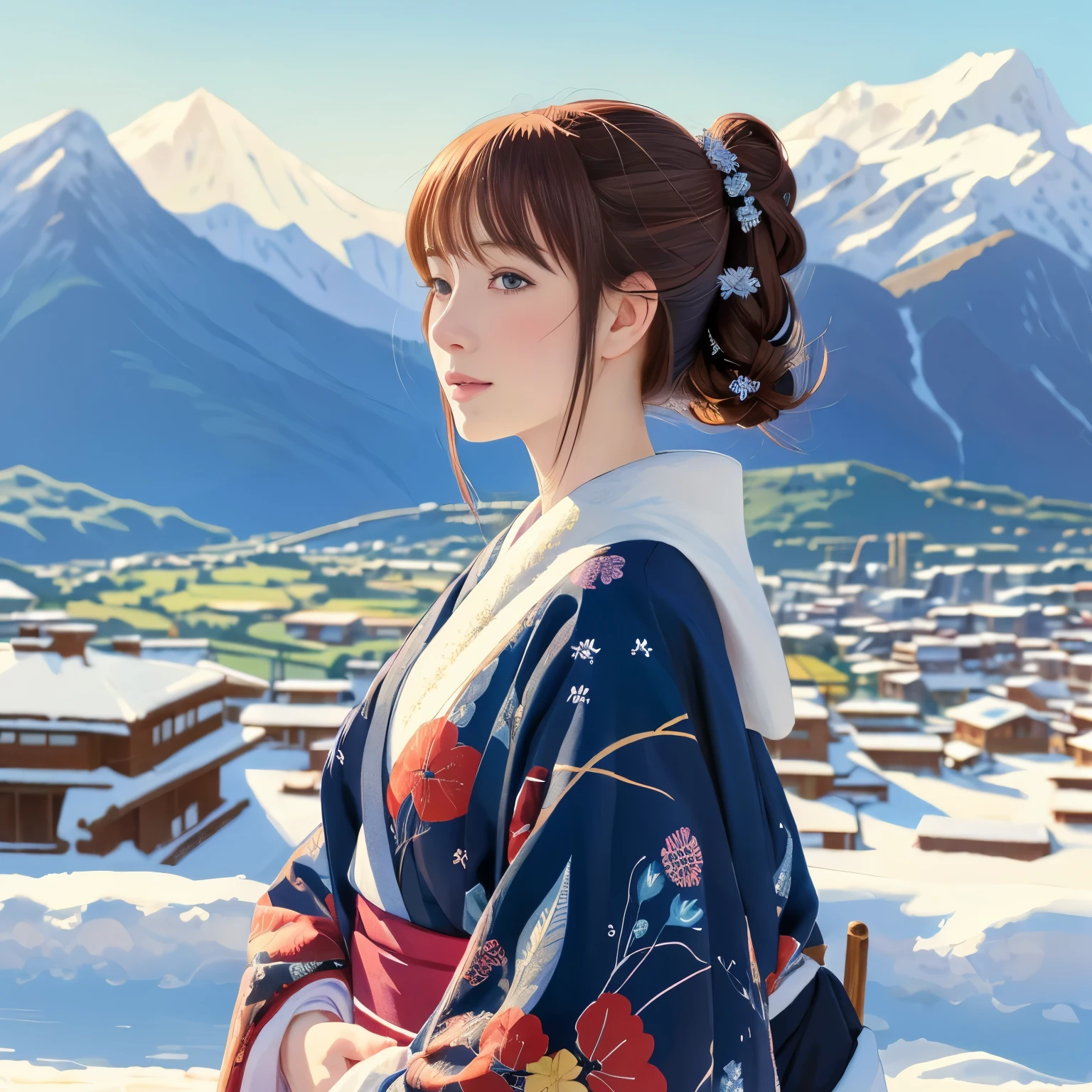 illustration style, ukiyo-e, Showa anime, woman, snow, (Sensitive), Asahi, mountains in the background, (highest quality, super detailed,portrait, Natural light)、kimono