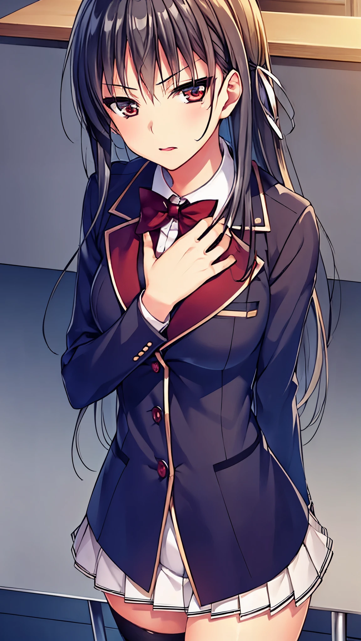 a woman in red school uniform,black hair, red eyes, classroom
masterpeace, best quality, (extremely detailed CG:1.4), highly detailed faces