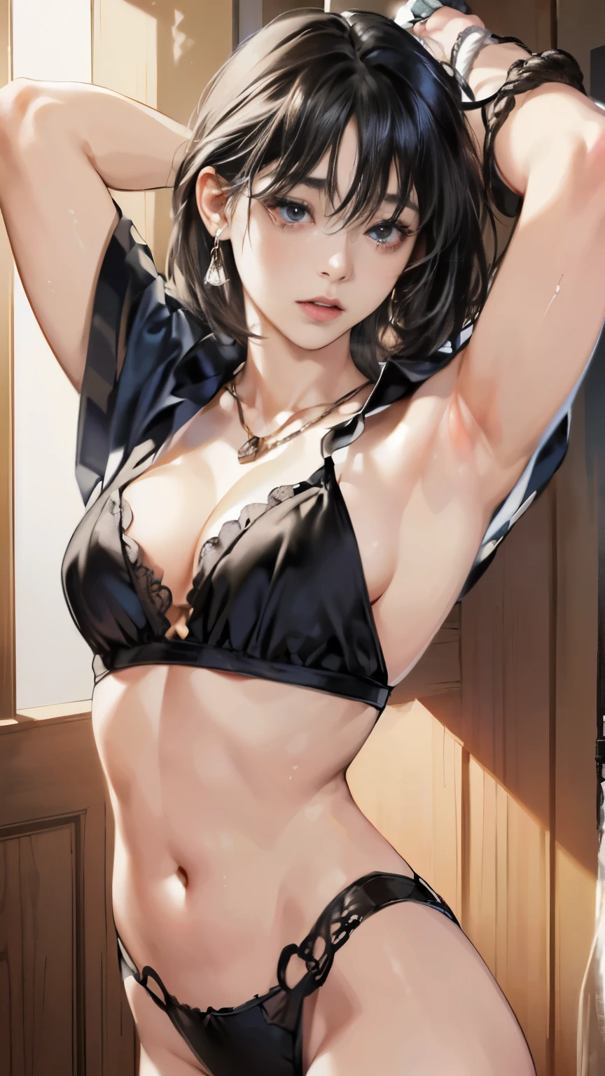 (In 8K、RAW shooting、highest quality、Masseter muscle part:1.2)、super detailed、super resolution、(realistic、realistic pictures:1.37)、Portrait、High-definition RAW color photo、professional photography、hvery detailed and beautiful、very detailed、8K image wallpaper、amazing details、huge file size、official art、Hvery detailed CG Unity 8K wallpapers、hvery detailed beautiful girl、very detailed顔、very detailed目、very detailed肌、very fine fingers、hvery detailed nose、very detailed詳細な口、perfect anatomy、detailed background、detailed clothing、1 girl、(20:1.2)、20's、pretty girl、realistic body、petite、white skin、glowing skin、Because I'm slender、black haired、((short hair))、(well-groomed bangs: 1.4)、cute face、lifelike face、delicate eyes、ordering sauce、((Stylish bathroom))、((White and black patterned lingerie))、(((No bra)))、(((Tortoise shell bound woman)))、(((a woman's breasts are exposed.)))、((standing athletic pose))、((strong man:1.5))、((Man raping a woman from behind))、((grab a woman's breasts))、((man with all back hair))、((Arms tied with rough ropes、girl hanging from the ceiling))、Sweat、((rope tied her body))、wet body、Aranawa that bites into the crotch、A large amount of body fluid flows out from the crotch.、wet clothes、Lift one leg up with a rough rope、tied with rope、tied up tightly、tie one's hands、hanging in shackles、((restrained))、((ULL BODYSHOT that opens the legs))、earrings、necklace、bracelet、((face turned to the side))、((look at the men))、contrapo、dynamic lighting、((Firm B cup))、((cleavage))、((Close your eyes and yawn loudly))、((Anguished expression))、