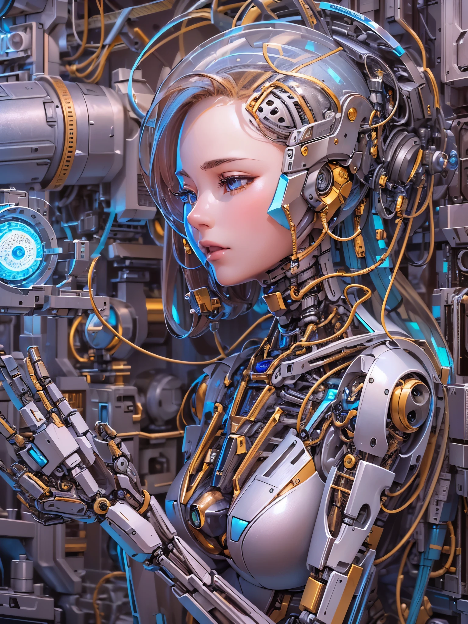 ((highest quality)),(ultra high resolution),(Super detailed),(detailed description),((best CG)),(best work of art),super precision art,great drawing art,(Sci-fi art with precise details:1.5), (One female robot:1.6),((Mechanical body detailed and detailed:1.5)),clear parts:1.6,exposed cylinder:1.5,sparkling lenses:1.3,Luminous parting line:1.4