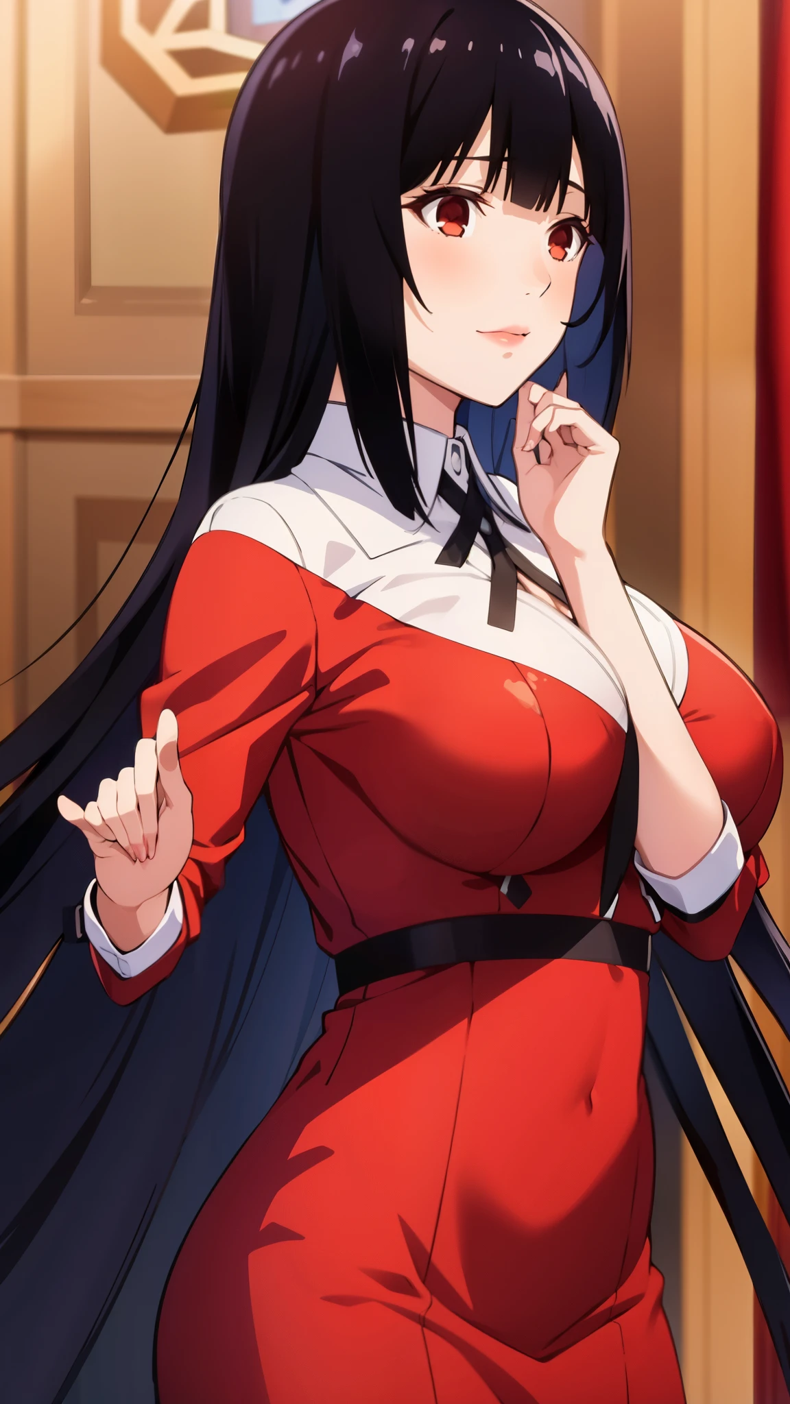 masterpiece, best quality, 1girl, solo, jabami yumeko, black hair, long hair, blunt bangs, red dress, night,