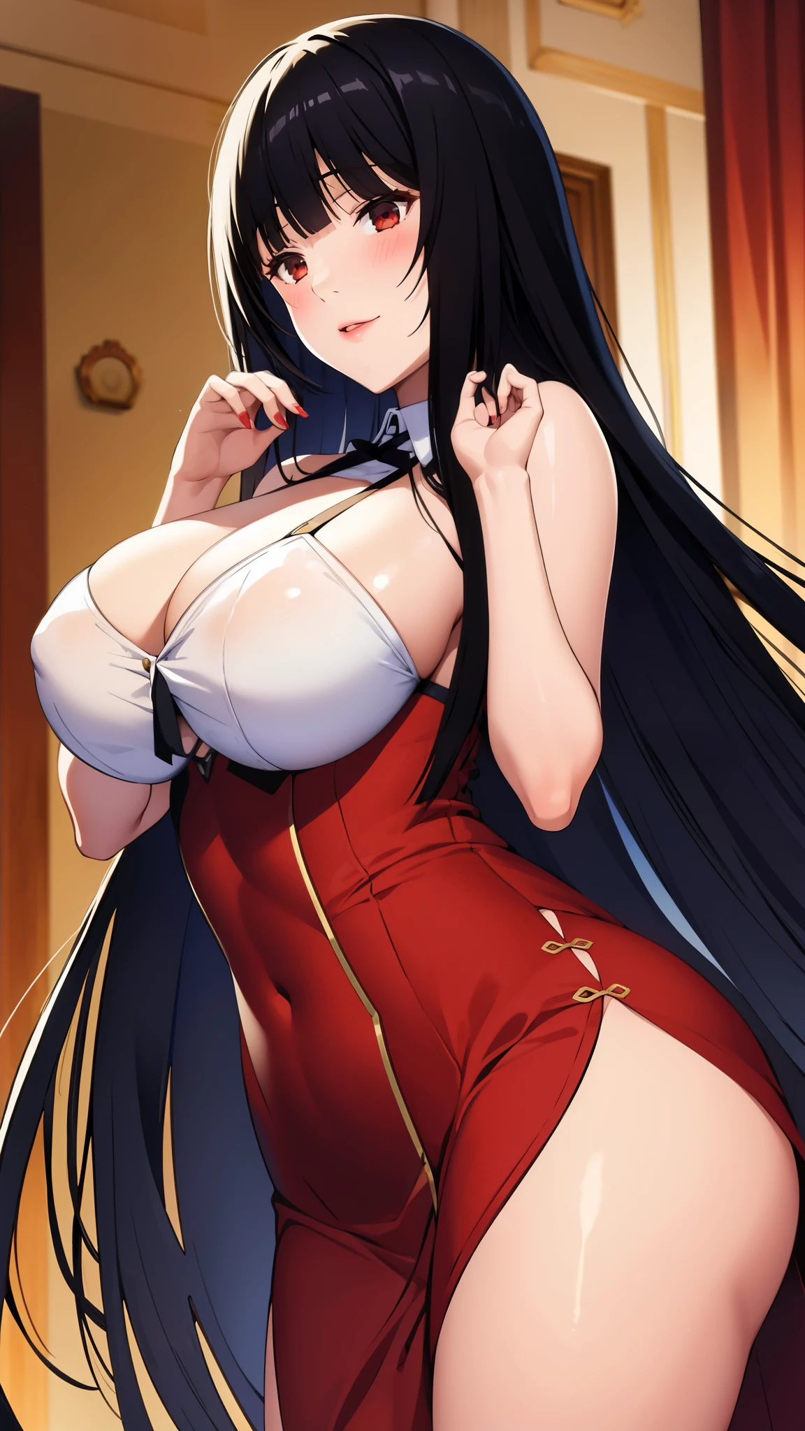 masterpiece, best quality, 1girl, solo, jabami yumeko, black hair, long hair, blunt bangs, red dress, night,