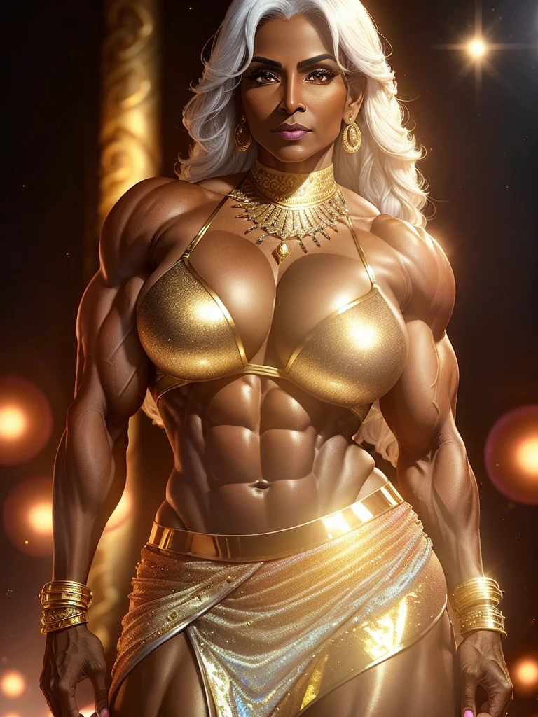 1female, a 50-year-old ifbb indian, dark skinned, white hair, thick lips, iridescent sari skirt, detailed face, shiny gold bra