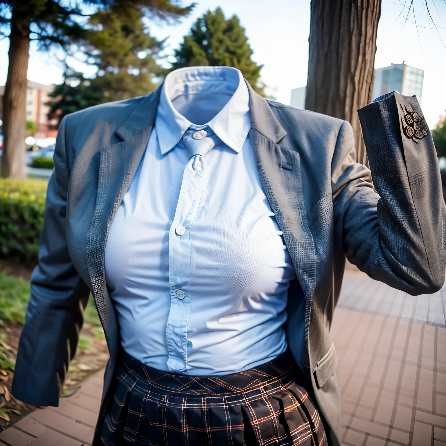 (school uniform), park, cute pose, (invisible, no humans, headless, faceless:1.5), (close-up to breasts), cute big breasts, chubby, fat, plaid skirt, blue stripe tie, long sleeve