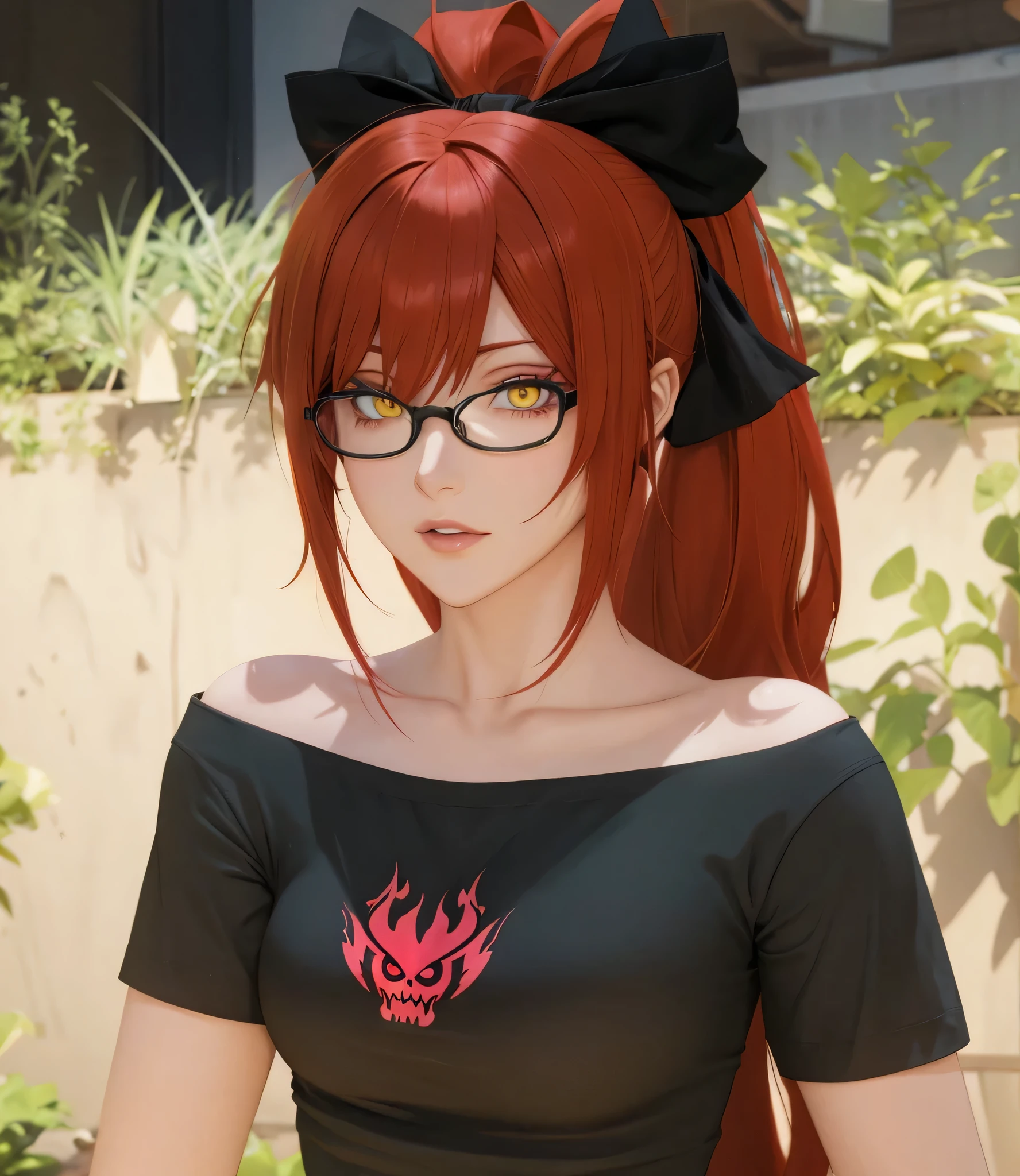 there is a woman with red hair and glasses posing for a picture, pink twintail hair and yellow eyes, character close up, character close-up, hints of yayoi kasuma, close up character, new character, asuka, rin, highly detailed character, render of april, photorealistic anime girl render, style game square enix, best quality, masterpiece, perfect face. bright red skull logo