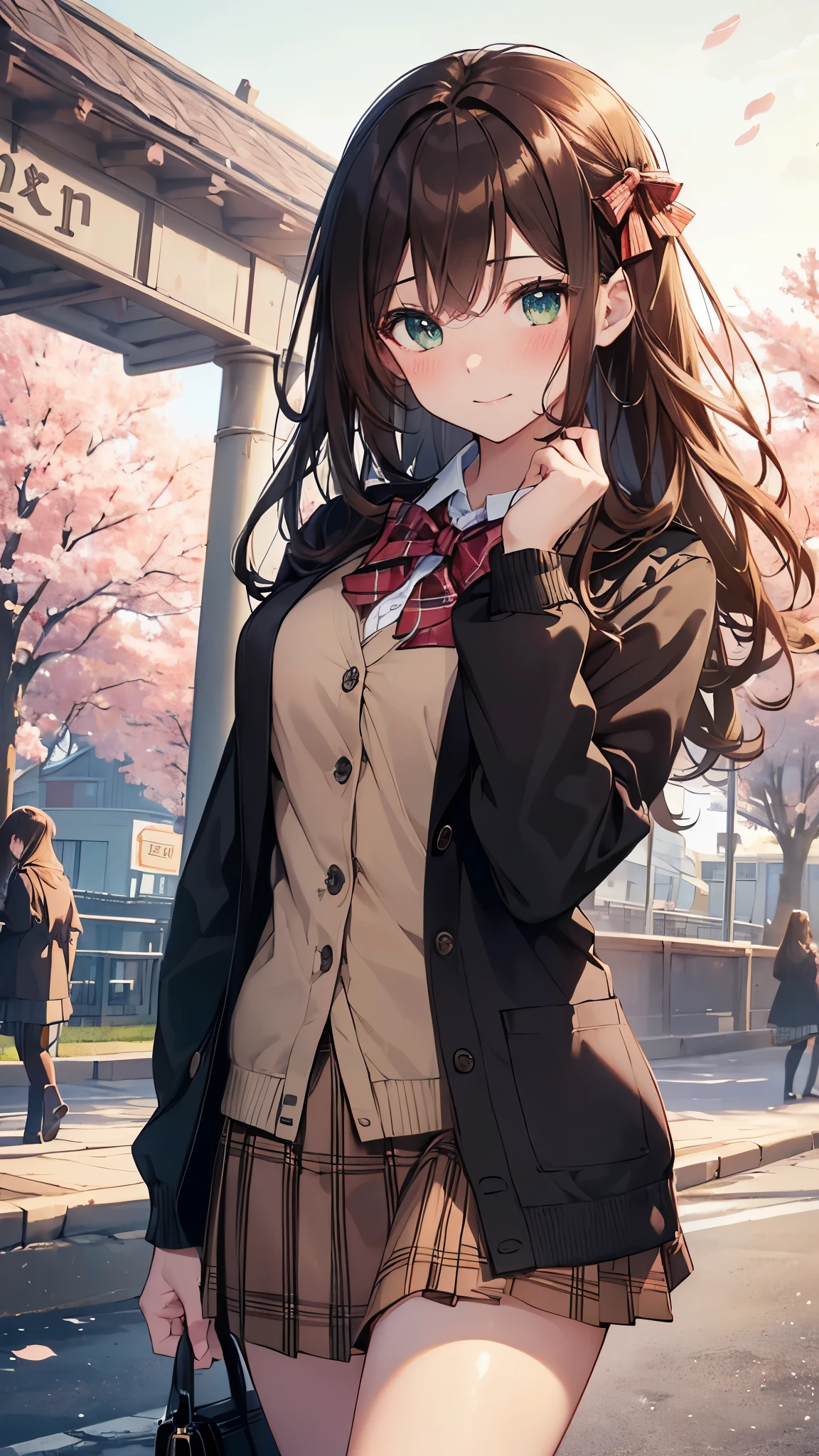 ((masterpiece, highest quality, High resolution, UHD, perfect pixel, Depth of bounds written, 4K, rtx, HDR))), 1 girl, single, alone, beautiful anime girl, beautiful art style, anime character, ((long hair, bangs, dark brown hair, curly hair:0.4, Simple hairpin)), ((green eyes:1.4, round eyes, beautiful eyelashes, realistic eyes)), ((detailed face, blush:1.2)), ((smooth texture:0.75, realistic texture:0.65, realistic:1.1, Anime CG style)), medium breasts, ((dynamic angle, throw, close)), perfect body, ((red bow tie, school uniform, black jacket, open jacket, Brown cardigan, white shirt, black skirt, plaid skirt)), smile, amusement park, put your hands behind your back, leaning forward, cherry blossoms