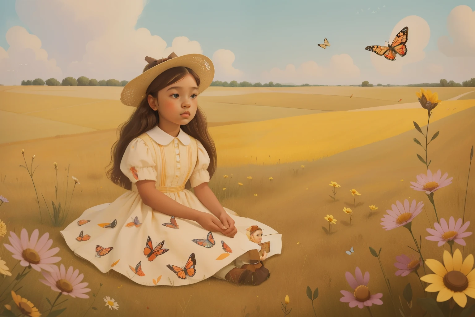 1860s American Prairie Butterfly Chase (Location: Midwest)
Character: An American girl, around , with a bonnet and a flower-printed dress, chases butterflies in the expansive prairies of the Midwest during the 1860s. The golden fields and fluttering butterflies create a timeless scene of innocent delight. Wes Anderson's Midwest palette paints a portrait of frontier childhood.