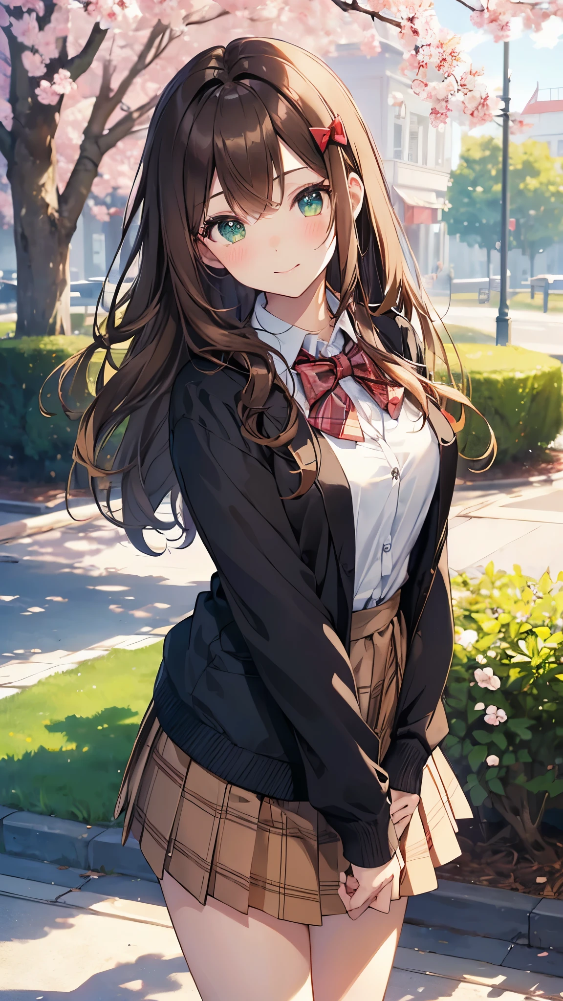 ((masterpiece, highest quality, High resolution, UHD, perfect pixel, Depth of bounds written, 4K, rtx, HDR))), 1 girl, single, alone, beautiful anime girl, beautiful art style, anime character, ((long hair, bangs, dark brown hair, curly hair:0.4, Simple hairpin)), ((green eyes:1.4, round eyes, beautiful eyelashes, realistic eyes)), ((detailed face, blush:1.2)), ((smooth texture:0.75, realistic texture:0.65, realistic:1.1, Anime CG style)), medium breasts, ((dynamic angle, throw, close)), perfect body, ((red bow tie, school uniform, black jacket, open jacket, Brown cardigan, white shirt, black skirt, plaid skirt)), smile, amusement park, put your hands behind your back, leaning forward, cherry blossoms
