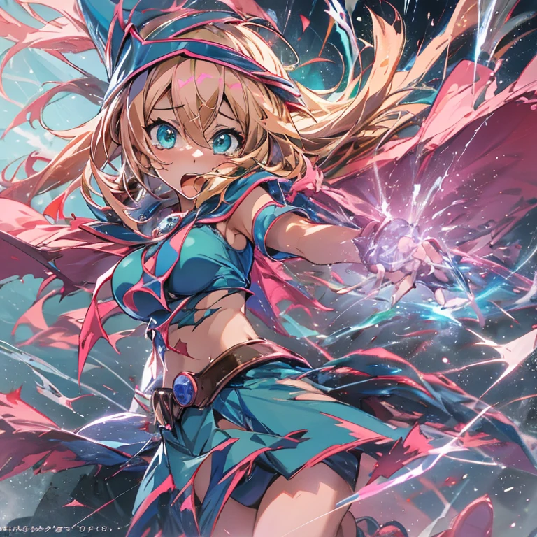 from side, 1girl, look another, face up, solo, anime screen shot, dark magician girl, torn clothes, big breast, tottering, screaming, empty eyes, tearing up, full body, detailed face, defeated, knocked back, full body, energy beam pierce body