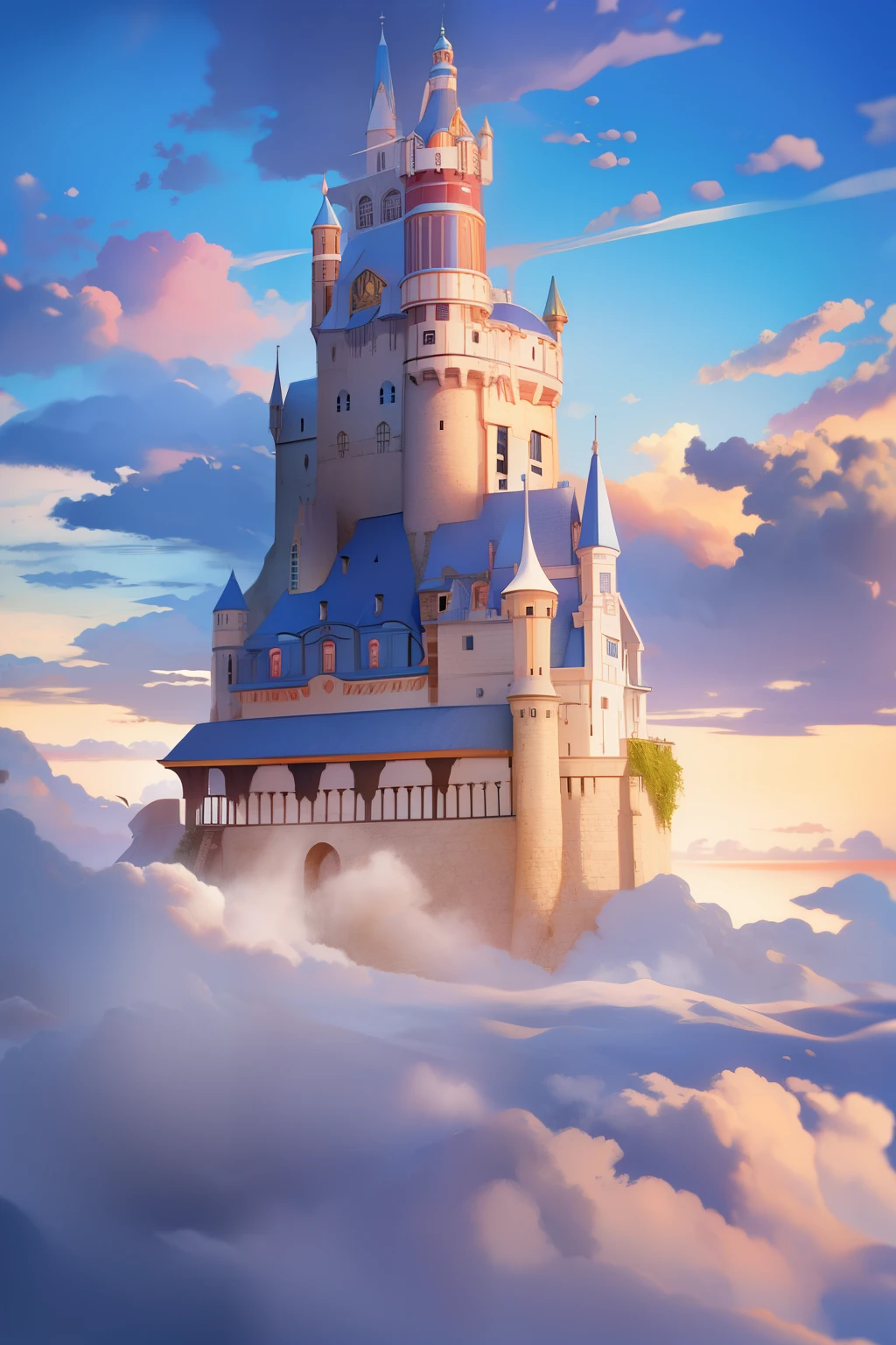 Draw a boy riding on a whale in the clouds，The background is a castle, Lying in Baiyun Wonderland, dreamlike illustration, city floating in the clouds, Sky Whale, A beautiful artistic illustration, In Baiyun Wonderland, land floating in the clouds, Blurry and dreamy illustration, Feiyun Castle, Whimsical fantasy landscape art, on cloud,8K Ultra HD resolution。