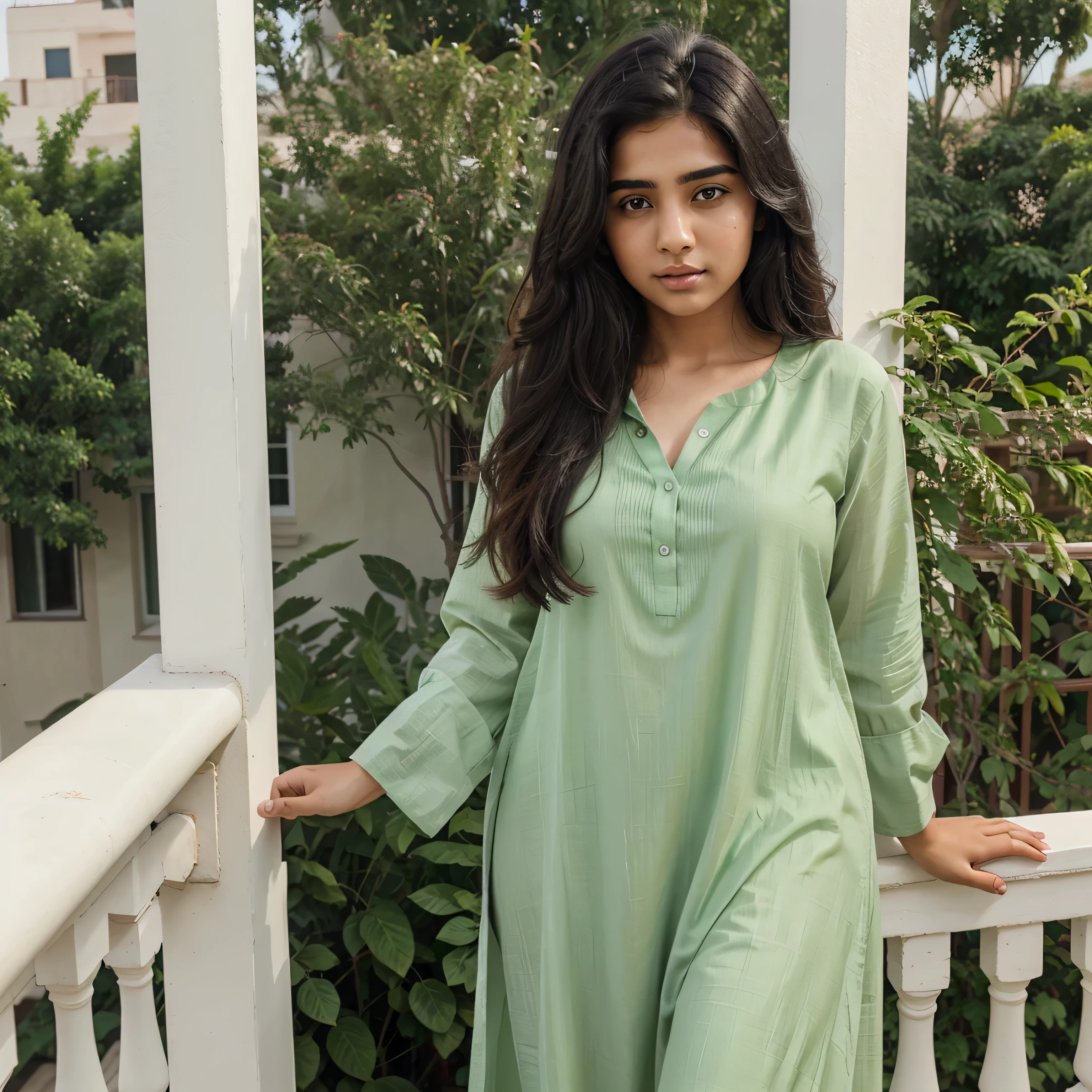 A beautiful Pakistani girl with thick black hair and bright skin, brown eyes and light freckles on her cheeks, standing in balcony wearing Shalwar Kameez, green grass and plants in background, pro white color theme ((sharped background)), ((background not blurred)), vibrant colors, iPhone look.