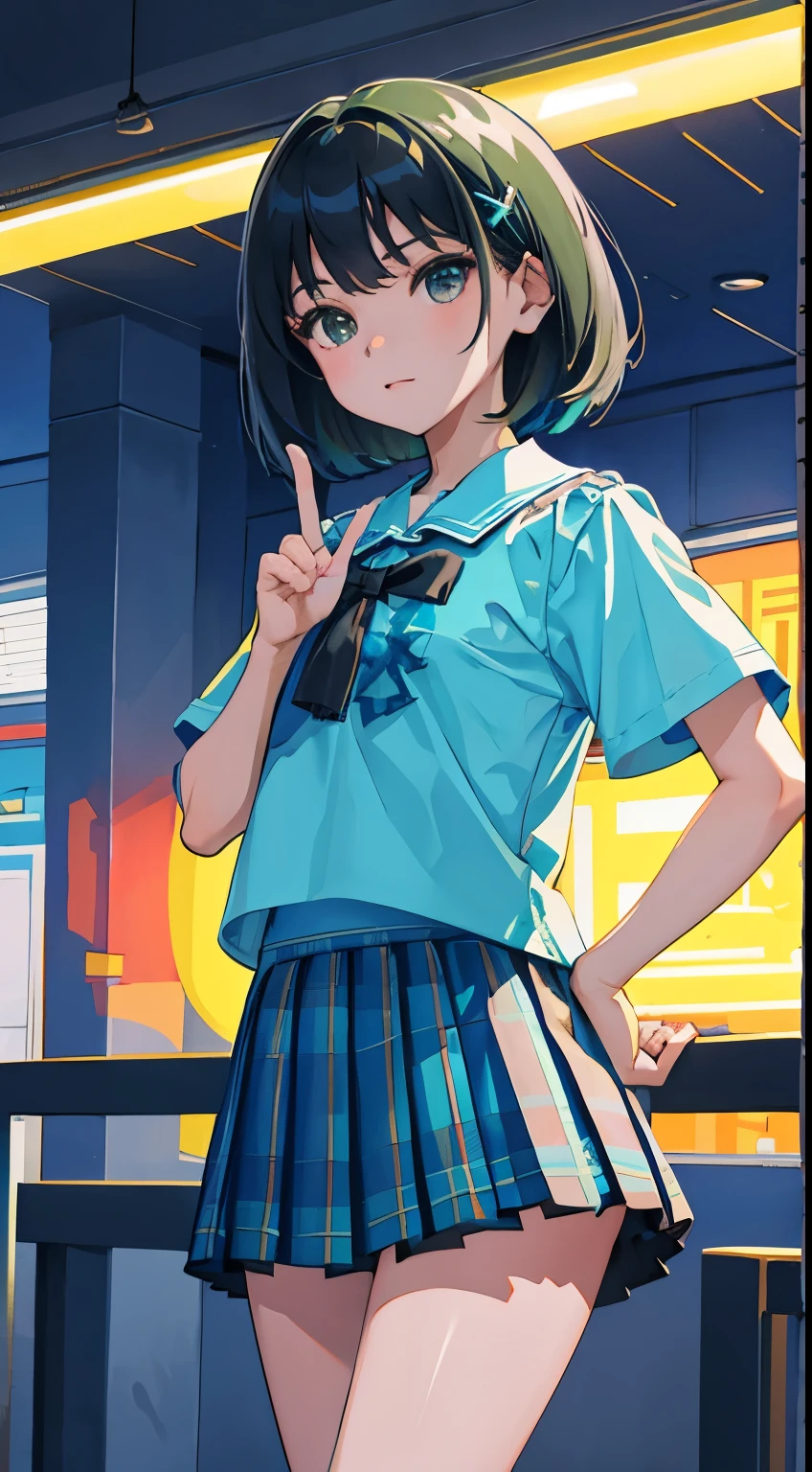 dance，(child)，（masterpiece，Top quality)，turquoise pleated mini skirt，short sleeve，black hair，Summer Classroom，Lakeside