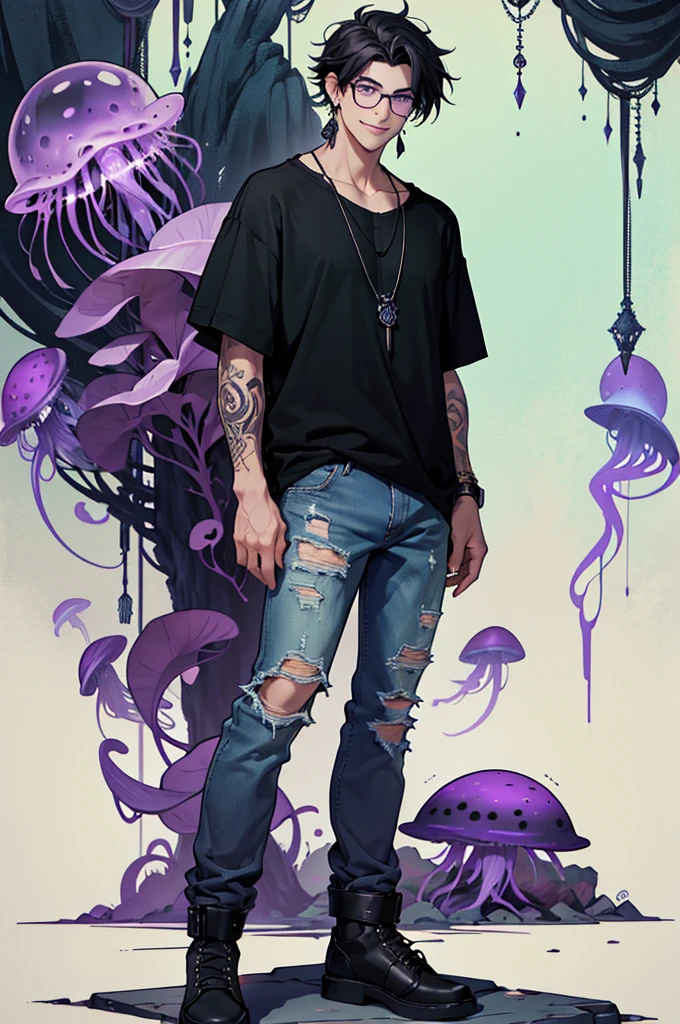 ((Best quality)), ((masterpiece)), top quality), standing alone, Caucasian, Black glasses, messy black hair, purple eyes, smiling, Black shirt, black ripped jeans, purple shoes, jellyfish tattoos on arm, male, green stone necklace, black earrings