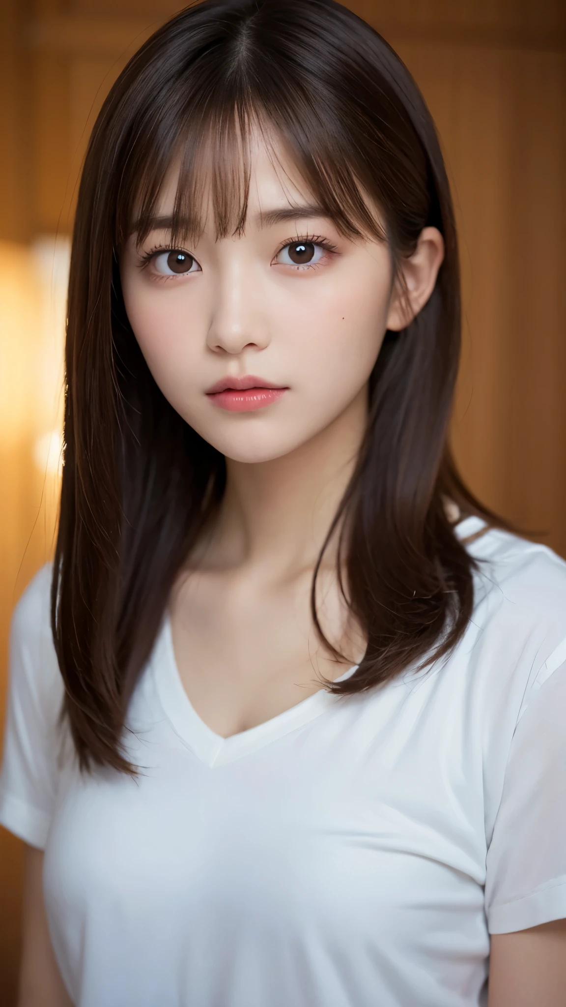 NFSW、highest quality、8K、8--old、W photo、absurd、award-winning portraits、alone、delicate girl、Upper body、Digital single-lens reflex camera、looking at the viewer、Frank、Sophisticated、thin arms、professional lighting、film grain、chromatic aberration、(Eye and face details:1.0)、lifelike face、(Bokeh:1.1)、 (shirt:1.1)、close your mouth 、brown hair、shining hair、cute hairstyles、thin lips、white skin、golden ratio