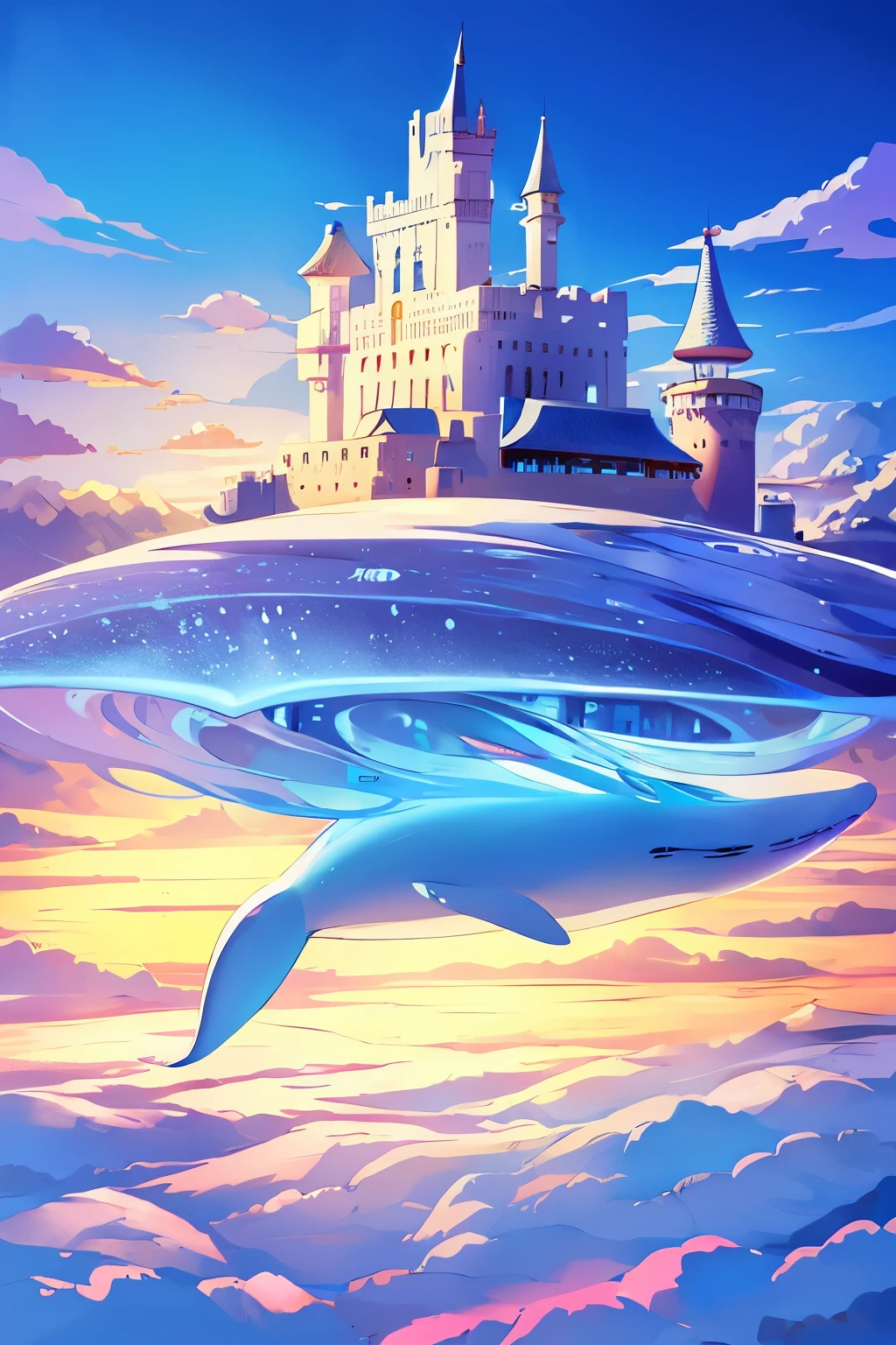 Draw a boy riding on a whale in the clouds,The background is a castle, Lying in Baiyun Wonderland, dreamlike illustration, city floating in the clouds, Sky Whale, A beautiful artistic illustration, In Baiyun Wonderland, land floating in the clouds,Fantastic illustrations, Feiyun Castle, Whimsical fantasy landscape art, on cloud,8K Ultra HD resolution。