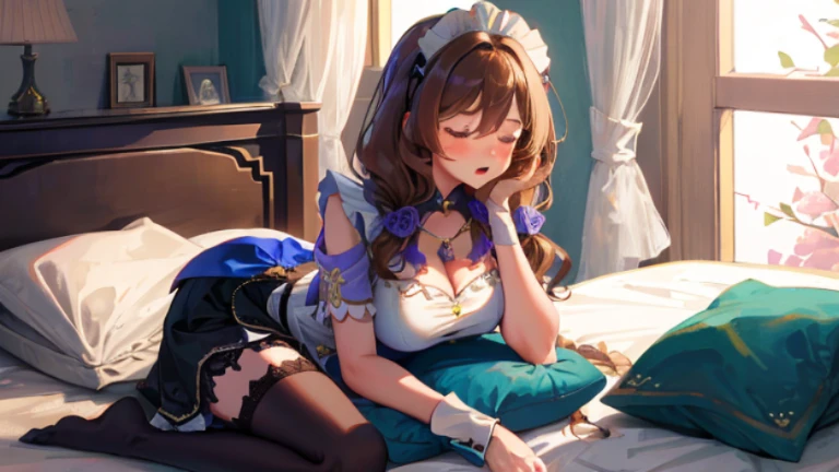 (face down:1.3), Lisa, genshin impact, 1 girl, alone, big breasts, cleavage, hair between eyes, messy hair, large chest, long hair, Looking up a little, brown hair, red short nails, green eyes, alone, Thighhighs, ((masterpiece)), maid dress, maidフク, maid, skirt, stockings, ribbon, maid uniform, sitting, bedroom, bed, pillow, window, night sky, blush, shy, adult woman, embarrassing, open your mouth a little, Close ~ eyes, thick thighs, 