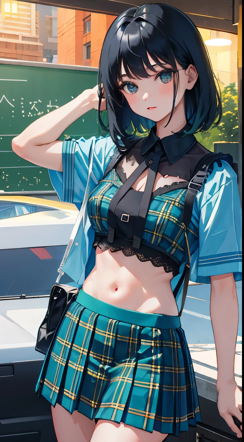 (child),(masterpiece,Top quality),Blue-green plaid pleated mini skirt,short sleeve,black hair,Summer Classroom,night,night景