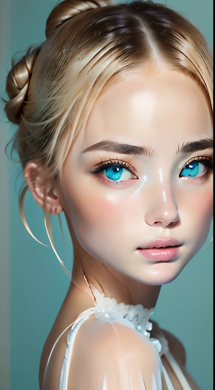 beautiful turquoise eyes、Perfect good looks、anatomy、２０talent、cute face、Beautiful Caucasian Woman、An ennui look、detailed face、very beautiful woman、Bewitching、silence、See-through feeling、White skin like porcelain、bun hair、ash blonde、plump lips、seductive lips、transparent processing、very realistic、RAW photo、highest quality、Highest image quality、master piece:1.3、Portrait、Natural light、perfect lighting、professional photographer