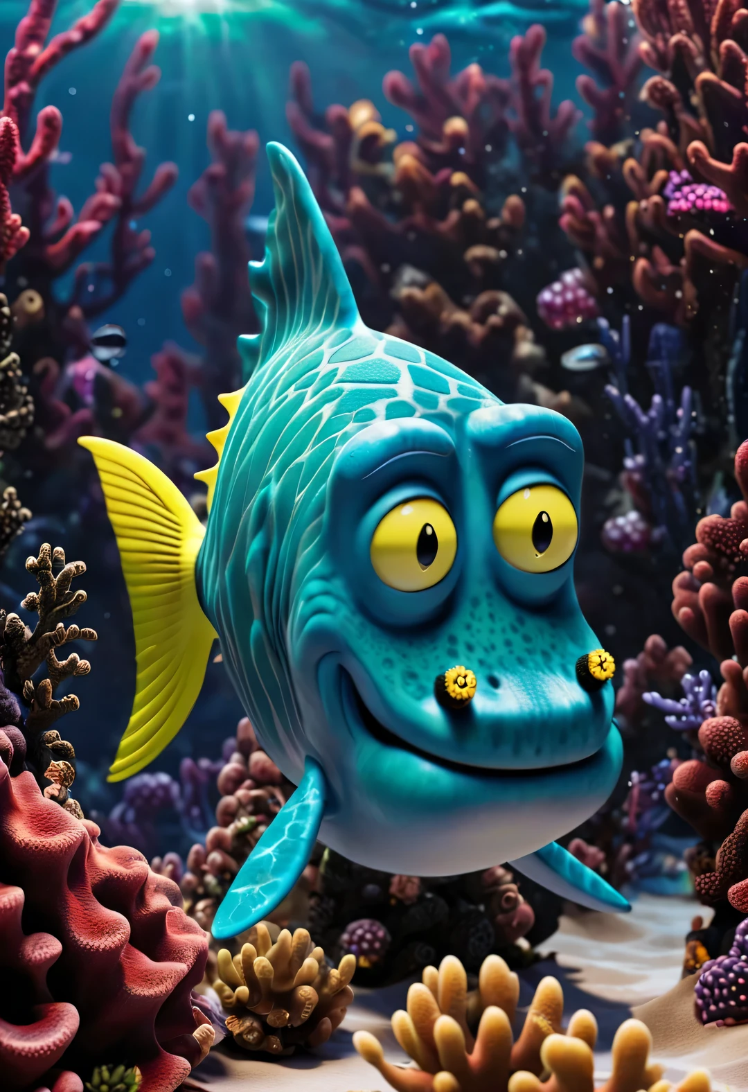（character idea），Very unified CG design，SpongeBob&#39;sThe big shark Poseidon has a very unique appearance.，Standing height about 2 meters，Weight about 120kg，Strong build，muscular。His skin is dark blue，it&#39;full of spots，These spots are shaped like sponges，His eyes are black，sharp vision，His teeth are sharp and pointy，intimidating，behind head，he has a long fin，His arms and legs are very strong，Claws as sharp as hooks，His tail is big and powerful，So he can swim in the water，SpongeBob海神波塞冬被一层粘稠液体覆盖，This layer of liquid emits weak fluorescence，Make him look more mysterious，His appearance is full of strength and wildness，
