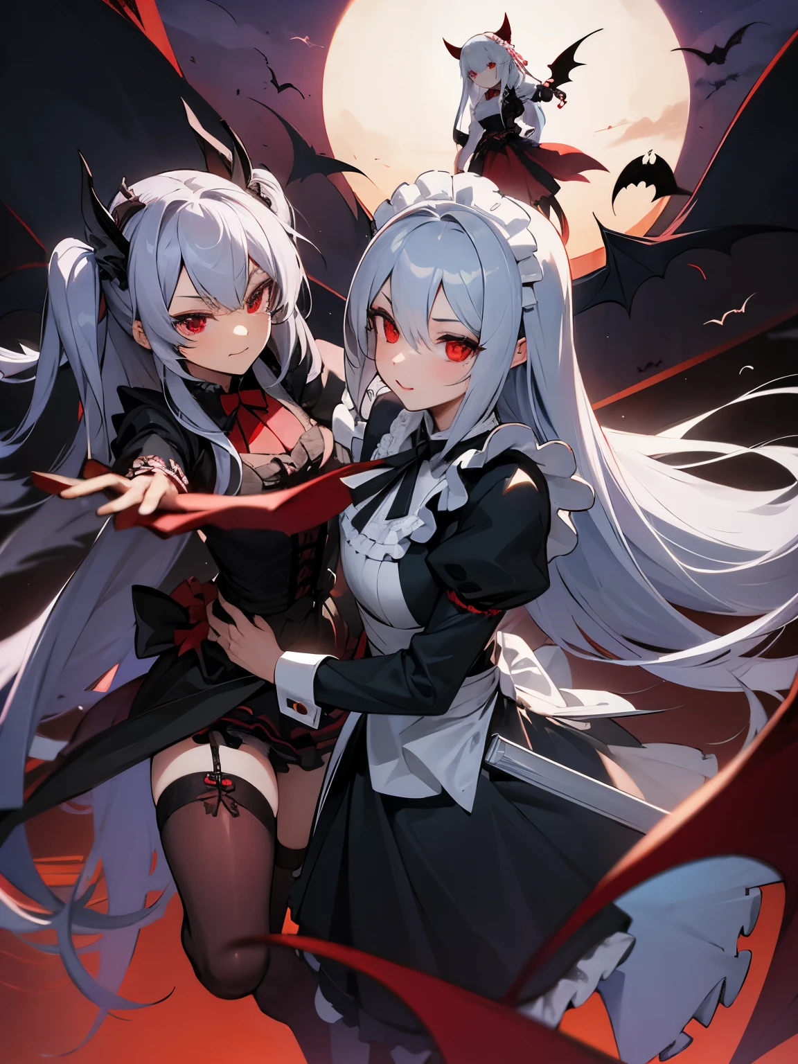 gray hair　maid　red eye　beautiful girl　very long hair　stockings　Cute　cute　fight　gun　cool　the bats　vampire　long skirt　frills　