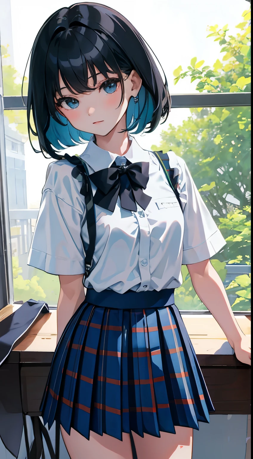 (child),(masterpiece,Top quality),Blue-green plaid pleated mini skirt,short sleeve,black hair,Summer Classroom,night,night景