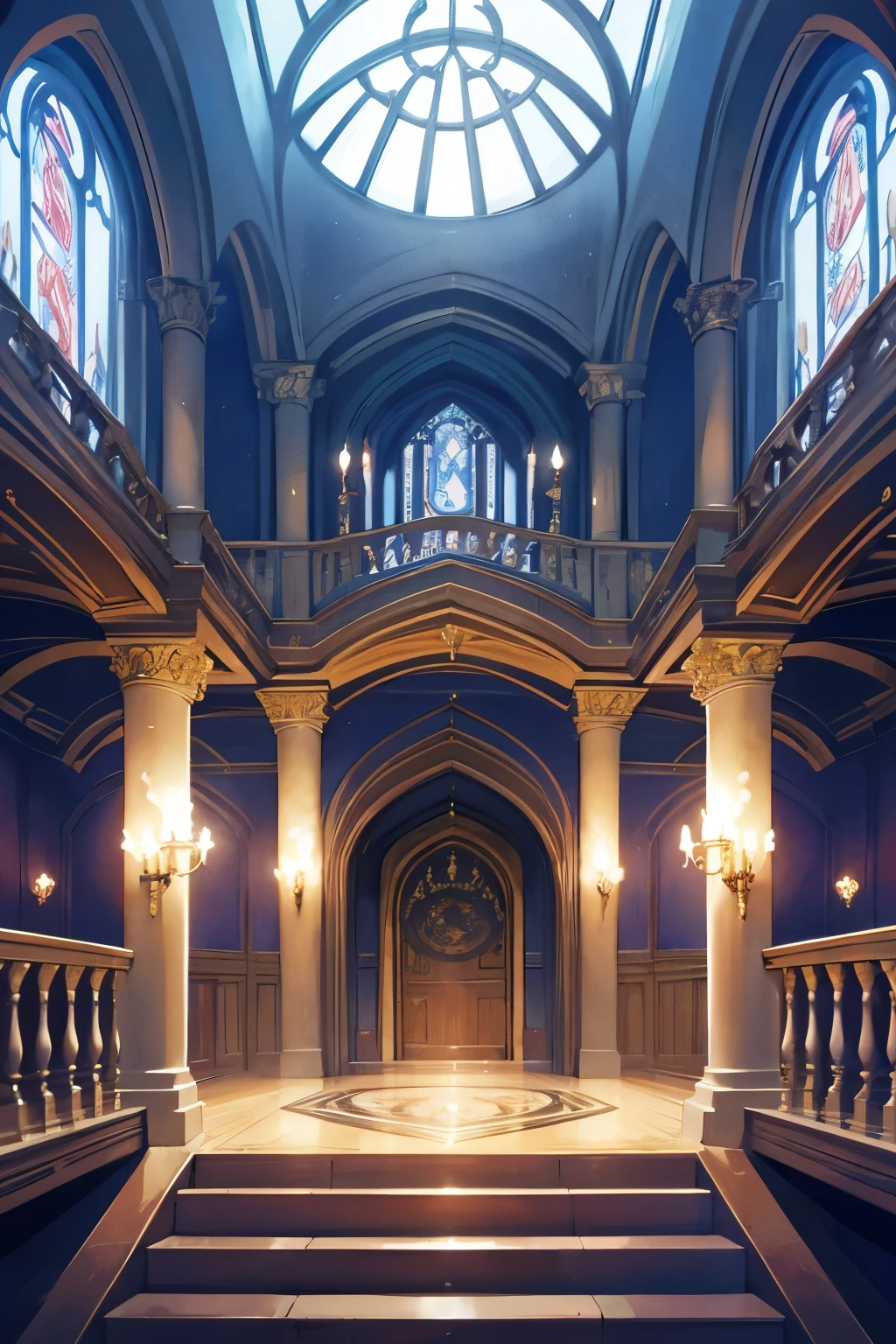 magic academy, castle interior, ballroom, magic, big pillars, banners, wizard, wizard room, detailed