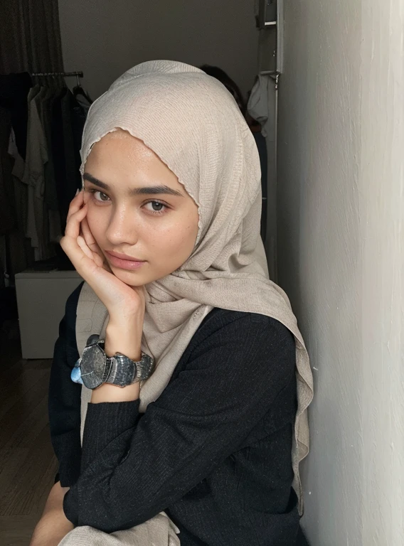Hijab,neutral skin,flat nose,skin texture,acne