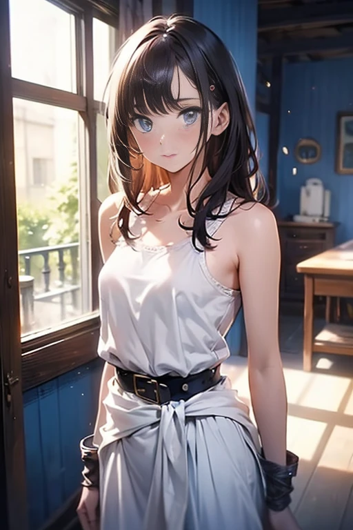 ((masterpiece)), ((best quality)), (ultra-detailed), NSFW, ((torture room)),(torture),(((single narrow belt strongly bound waist))),(((It's too tight around the waist))),a cute girl, 1girl, solo, (white mini tanktop dress),(both wrists tied above the head using rope), (both wrists hung from the ceiling),((thin waist)),((bdsm)),beautiful pinkbrown hair, beautiful blue eyes, (beautiful eyes), long hair,troubled expression