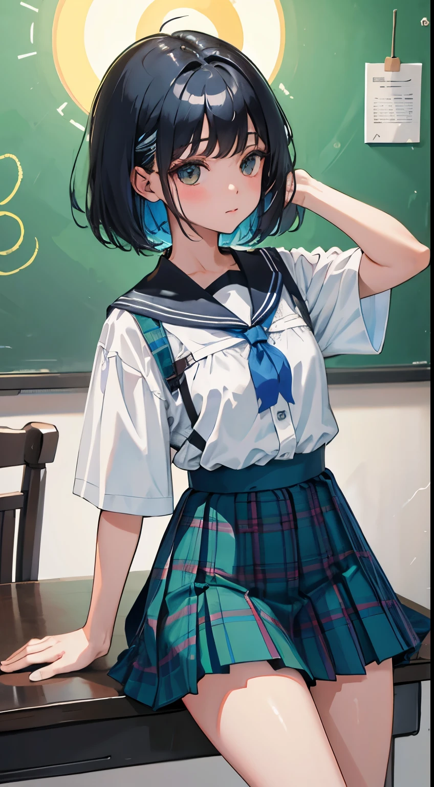 (),(masterpiece,Top quality),Blue-green plaid pleated mini skirt,short sleeve,black hair,Summer Classroom,night,night景