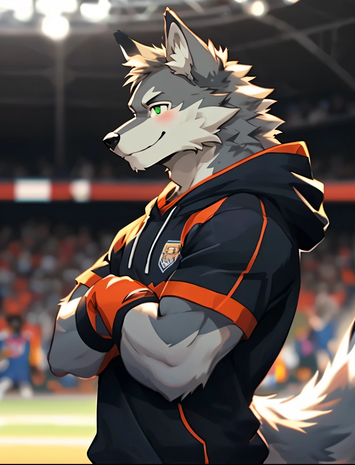 a scene in, depth of field, motion blur, ridiculous, looking at the audience, (best quality), (masterpiece), (Super detailed), sharp focus, Negi, eyes, green eyes, hairy, alone, light white fur, brown fur, close face, Profile picture, arms crossed, blink, Cold smile, Humanity (Wolf), male, (Wolf), youth, muscular, Slightly skinny,Handsome,Casual sports clothing, Black sweatshirt,Black half-finger gloves,Super detailed face,(blush:1.5)