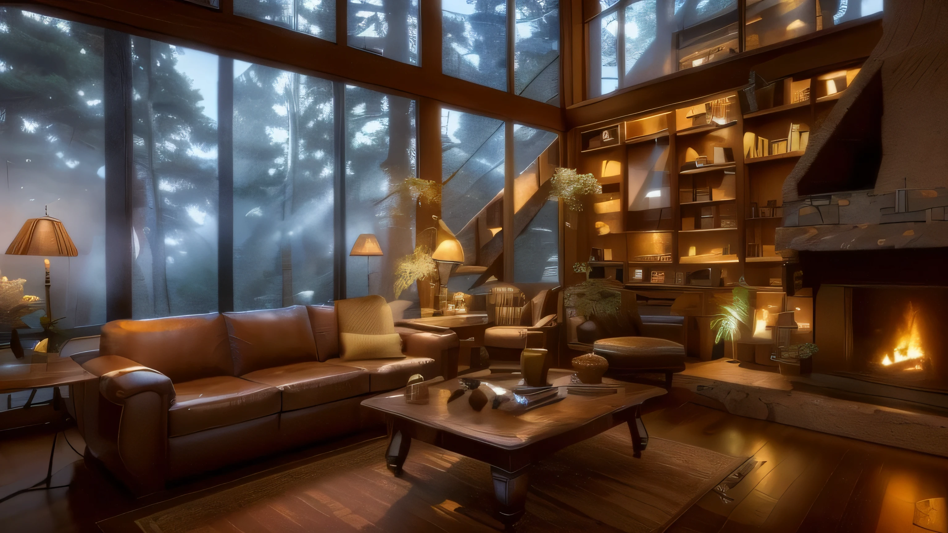 Arafat living room with fireplace and leather sofa, cozy place, comfortable environment, Large windows offer night views of the forest, warm interior, House in the forest, moody atmosphere, cozy living room, Warm living room, Comfortable and peaceful atmosphere, living room vibe, comfortable environment, with a backdrop of a forest, Modern house in the woods, Cabin in the forest