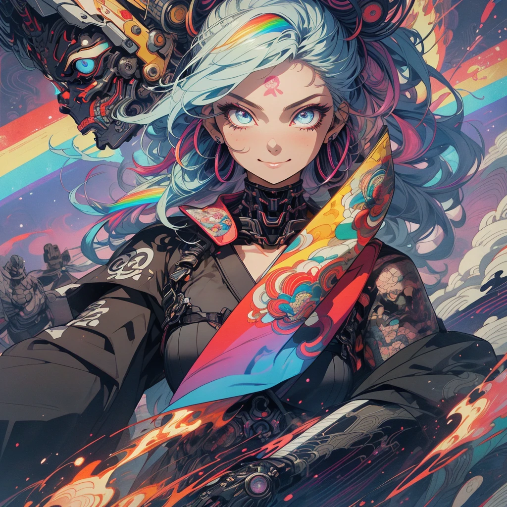 (((highest quality))),(((detailed eyes))),(((32k))),(1 girl),rainbow colored hair,(tattoo),(cyber punk),Rainbow kimono,((Luxurious and gorgeous)),Shiny skin,earrings,flashy,((Super beautiful woman)),(perfect face),Japanese sword,ultimate texture,official art,Ukiyo-e,stylish,photograph,perfect body,smile,Bewitching,Highest image quality,distinct,real,fantasy,(Near the future),ninja,perfect eyes,big breasts,((cleavage)),highlight,挑発的なsmile,stick out tongue,split tongue,mechanical,Mecha