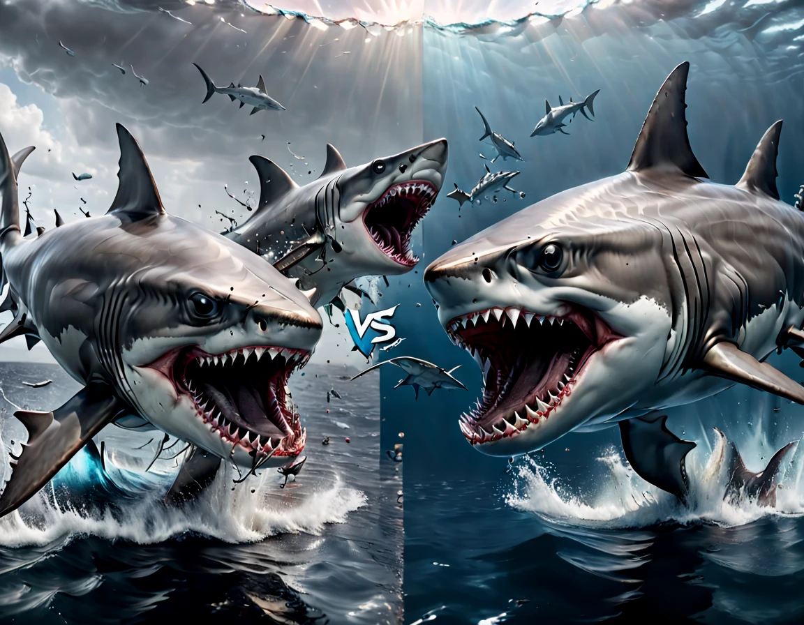 confrontation split screen theme, Hammerhead shark vs. Mega Shark, (realistic, photorealistic, RAWphoto:1.4), octane render, intricate, (best quality, masterpiece, Representative work, official art, Professional, 8k:1.3)