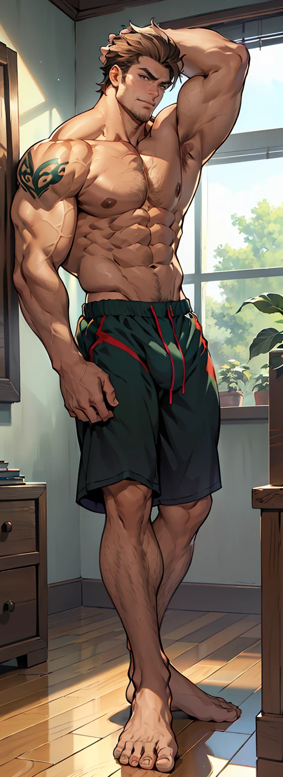 (shoeless),(shoeless),(Legs covered with long, thick leg hair),(Keep his eyes open),Super big feet,(Whole body),(Long leg hair),( With a green tattoo on his shoulder),(body hair thick),(Super big feet),show off thick arms to the audience,(He was wearing shorts which showed his long, muscular, hairy legs),(The genital organs are extremely prominent),(Very large genitalia),(shorts),(Giant arm),The background in an interior with vintage furniture and vintage wooden floor surroundinacropodia),(Long legottom-up view),(Side to audience) ,(Put his hands at his waist), (eyes looking at audience) ,(There a huge protuberance across the part),Side Body,Sense of evil,Sharp eyes,(Thick dark brown hair on crotch),closeup of arms,((The camera zooms in)),((The audience blocked by the protagonist in a corner and the perspective slightly lower.)),(Bottom-up view),(crotch),(Shoulders exposed),(Stout arms),Shoulders very broad,Muscles protrude a lot,Bulging crotch,(Long legs),Highest image quality,Anime ,anime wallpaper,Dilation of the pectoral muscles,Espalhe as pernas,sexy,(master part, best quality),((Exaggerated bulge of muscles)),The protagonist very tall and his head almost reaches the ceiling,Lush woods outside the window,musclebound and hulking, muscular characters, super buff and cool, tall and muscular, muscular!!, very buff, muscular attractive men, massive muscles, big muscle, Muscular men, anime handsome men, muscular!, gigachad muscles, muscular bodies, muscular character,