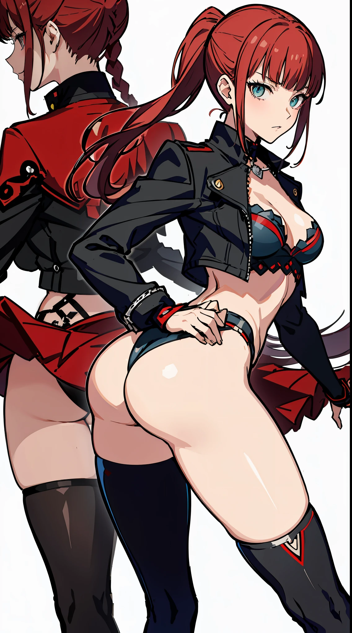 Persona 5 art style wlop, Persona 5 art style, character 5 style, Kasumi Yoshizawa, Girls in wear, whole body, high quality, 8k, open chest, ponytail, small breasts, Bangs, smooth thighs, Patsan, top quality, 8k, ultra high definition, beautiful eyes, Slender legs，back view，hot pants，butt close-up