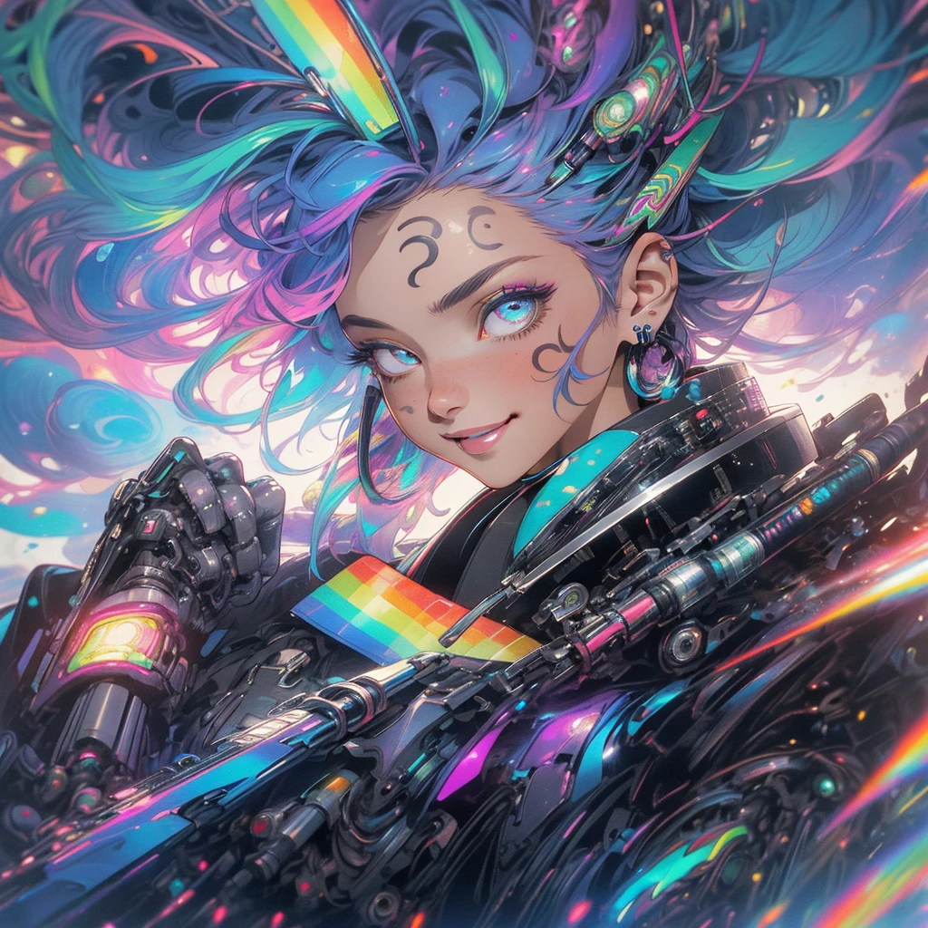 (((highest quality))),(((detailed eyes))),(((32k))),(1 girl),rainbow colored hair,(tattoo),(cyber punk),Rainbow kimono,((Luxurious and gorgeous)),Shiny skin,earrings,flashy,((Super beautiful woman)),(perfect face),Japanese sword,ultimate texture,official art,Ukiyo-e,stylish,photograph,perfect body,smile,Bewitching,Highest image quality,distinct,real,fantasy,(Near the future),ninja,perfect eyes,big breasts,((cleavage)),highlight,挑発的なsmile,stick out tongue,split tongue,((mechanical)),Mecha