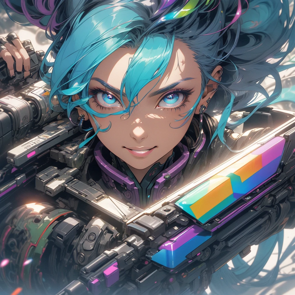 (((highest quality))),(((detailed eyes))),(((32k))),(1 girl),rainbow colored hair,(tattoo),(cyber punk),Rainbow kimono,((Luxurious and gorgeous)),Shiny skin,earrings,flashy,((Super beautiful woman)),(perfect face),Japanese sword,ultimate texture,official art,Ukiyo-e,stylish,photograph,perfect body,smile,Bewitching,Highest image quality,distinct,real,fantasy,(Near the future),ninja,perfect eyes,big breasts,((cleavage)),highlight,挑発的なsmile,stick out tongue,split tongue,((mechanical)),Mecha