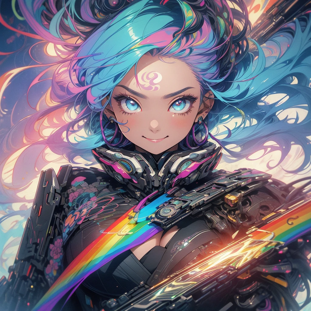 best quality, super fine, 16k, incredibly absurdres, extremely detailed, 2.5D, delicate and dynamic, ruthless, cool and beautiful female warrior, shining iridescent clairvoyance, rainbow-colored braided ponytail, captivating look, aroused expression, evil smile, teasing smile, grin, lewd smile, heavy armor, heavy beam rifle, ominous aura swirls effects, background skyscraper being split in two by a lightning strike, big red full moon, exposed steel beams, flying glass, demonic shadows, sparks, smoke, fog, eerie atmospheric colors, slow-motion effects, dark fantasy