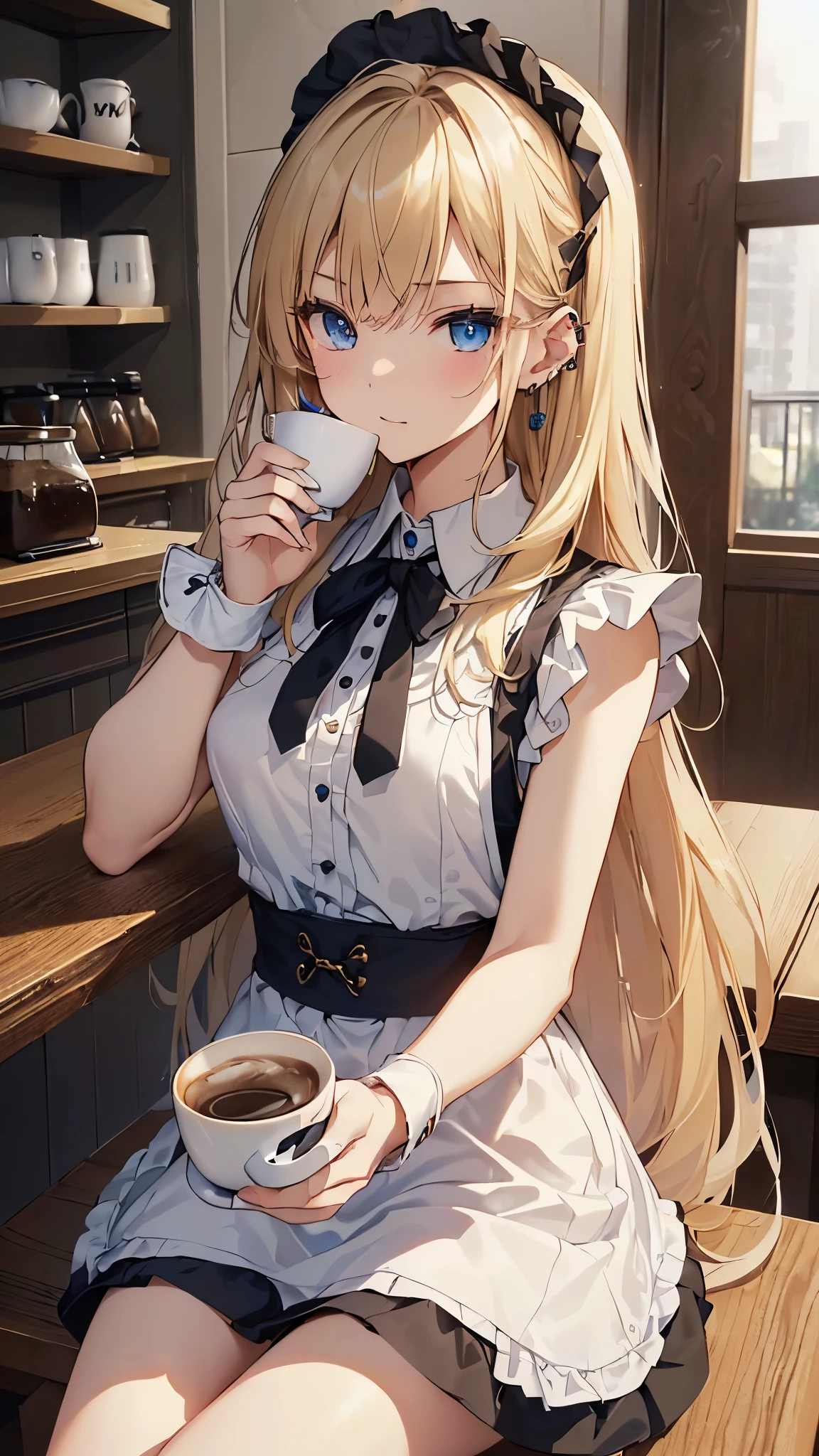 最high quality、best image quality、masterpiece、with a girl((18-year-old、Maid clothes、vest bust、bust 85、blonde、long hair、blue eyes、open your chest wide、valley、happiness、Black wristband on wrist、Slender、Ear Nipple Ring、The wind blows,Have a coffee cup、close to the viewer、Face-to-face with your audience、Please sit down、wink))high quality、visual art、With background((coffee shop、Counter seats、Coffee maker))、table(menu、Coffee Cups Coffee Cups、Sugar Bottle、milk),tableトップ、