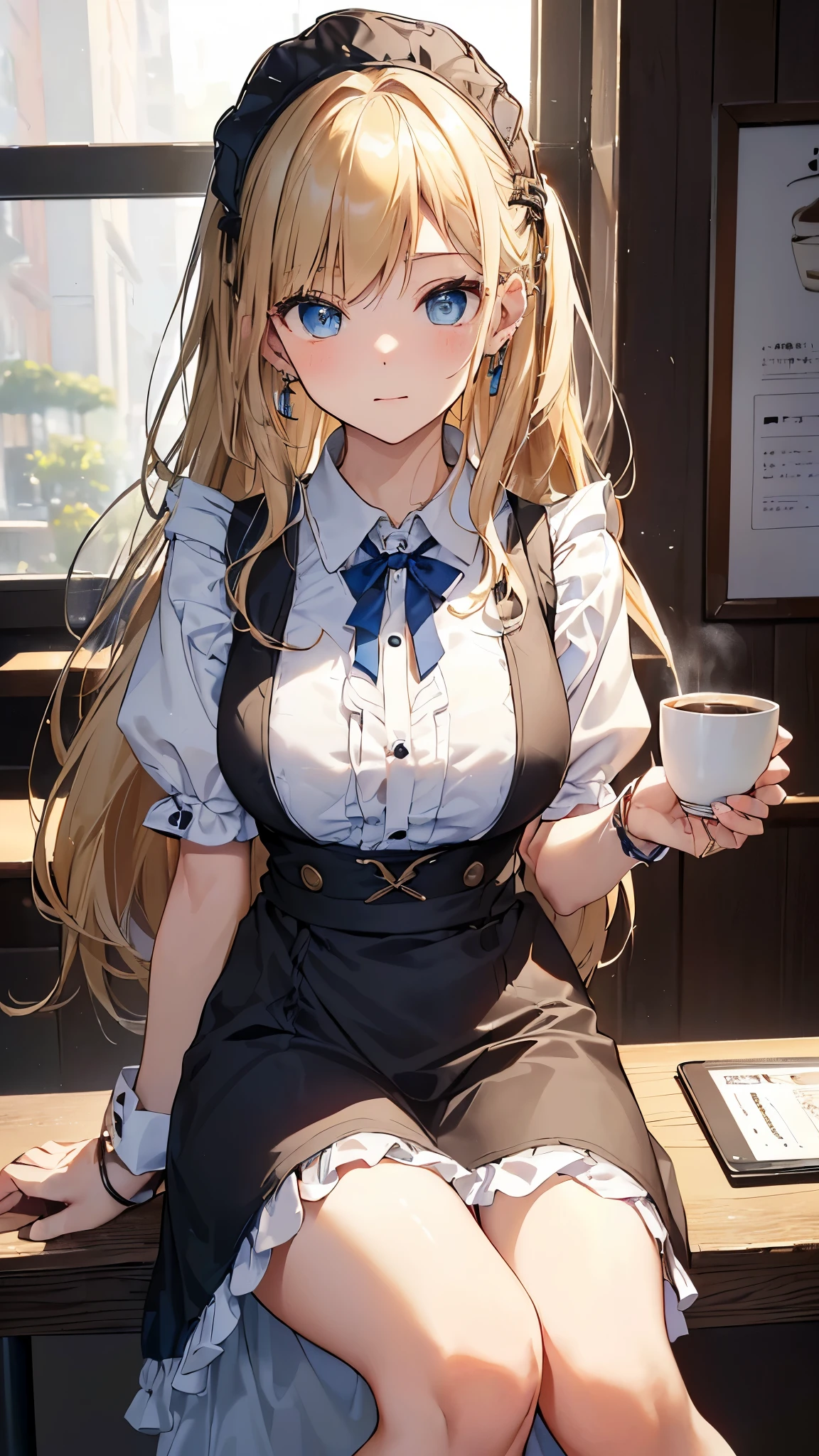 最high quality、best image quality、masterpiece、with a girl((18-year-old、Maid clothes、vest bust、bust 85、blonde、long hair、blue eyes、open your chest wide、valley、happiness、Black wristband on wrist、Slender、Ear Nipple Ring、The wind blows,Have a coffee cup、close to the viewer、Face-to-face with your audience、Please sit down、wink))high quality、visual art、With background((coffee shop、Counter seats、Coffee maker))、table(menu、Coffee Cups Coffee Cups、Sugar Bottle、milk),tableトップ、