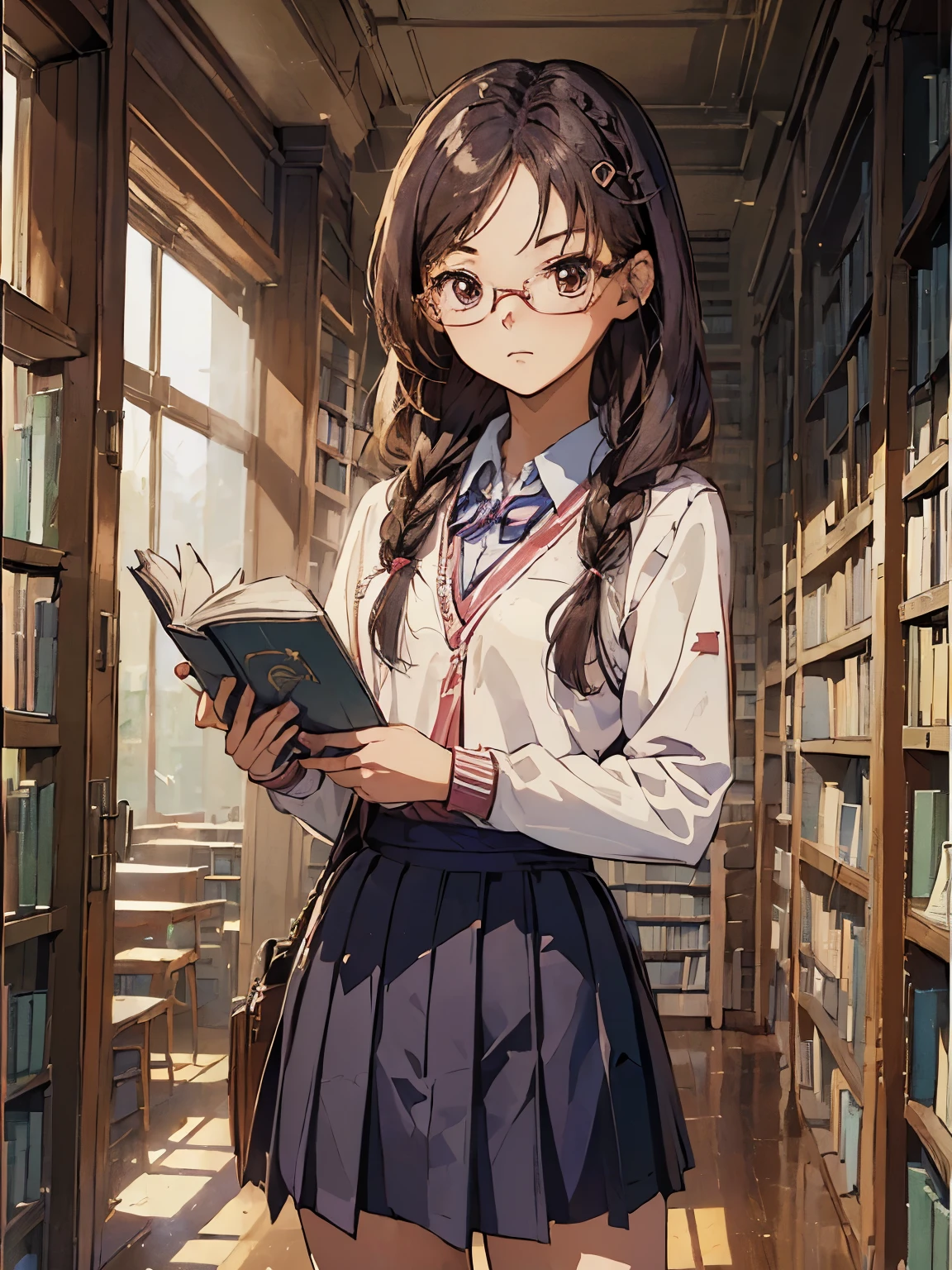 (((masterpiece))) (((background : school theme : Library : books ))) ((( character : teenager : Tzuyu : nerd : fit body : braided hair : glasses : school uniform : standing shyly : serious  )))