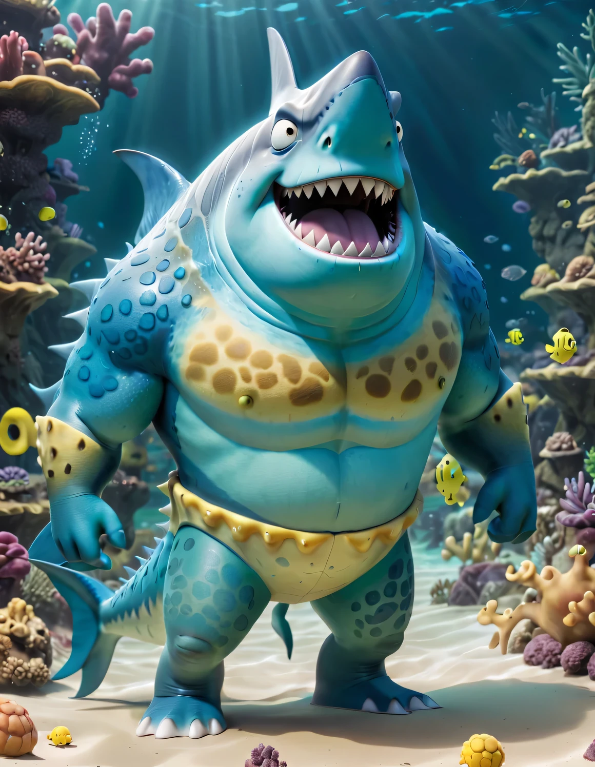 （character idea），Very unified CG design，SpongeBob&#39;sThe big shark Poseidon has a very unique appearance.，Standing height about 2 meters，Weight about 120kg，Strong build，muscular。His skin is dark blue，it&#39;full of spots，These spots are shaped like sponges，His eyes are black，sharp vision，His teeth are sharp and pointy，intimidating，behind head，he has a long fin，His arms and legs are very strong，Claws as sharp as hooks，His tail is big and powerful，So he can swim in the water，SpongeBob海神波塞冬被一层粘稠液体覆盖，This layer of liquid emits weak fluorescence，Make him look more mysterious，His appearance is full of strength and wildness，