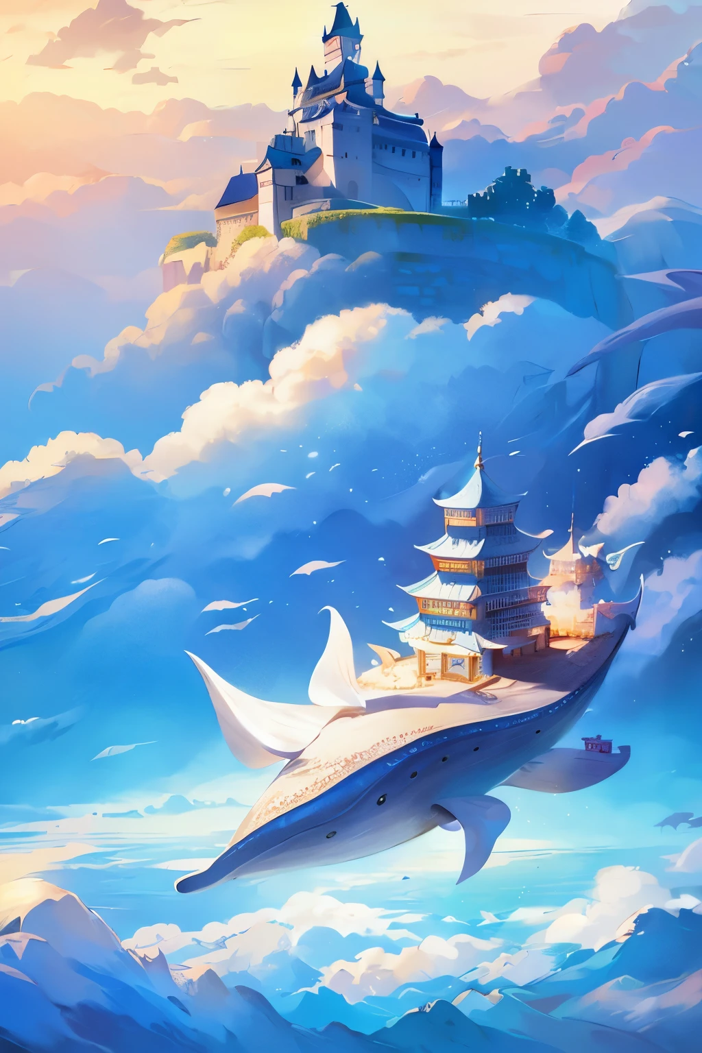 Draw a boy riding on a whale in the clouds,The background is a castle, Lying in Baiyun Wonderland, dreamlike illustration, city floating in the clouds, Sky Whale, A beautiful artistic illustration, In Baiyun Wonderland, land floating in the clouds,Fantastic illustrations, Feiyun Castle, Whimsical fantasy landscape art, on cloud,8K Ultra HD resolution。