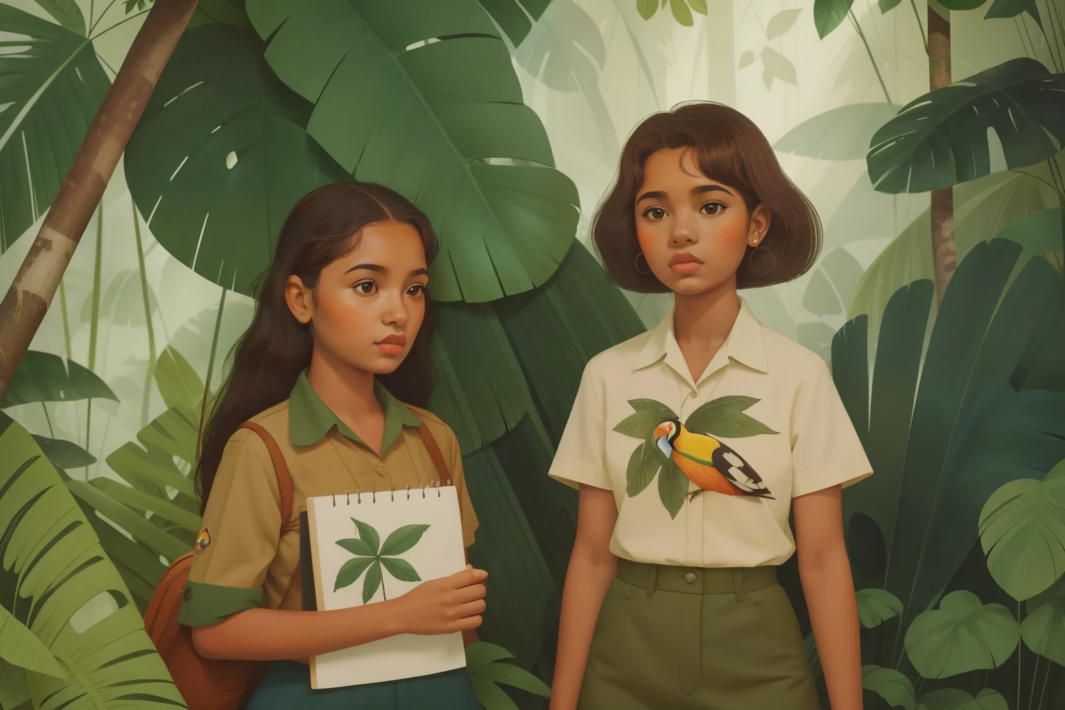 1960s Brazilian Rainforest Wildlife Sketching (Location: Amazon)
Character: A Brazilian girl, approximately 15 years old, with a sketchbook and dressed in earthy tones, captures the beauty of wildlife in the heart of the Amazon Rainforest during the 1960s. Toucans and butterflies provide artistic inspiration. Wes Anderson's rainforest palette paints a canvas of ecological appreciation.