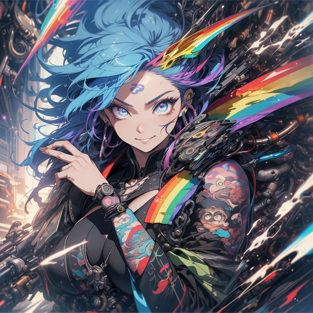 (((highest quality))),(((detailed eyes))),(((32k))),(1 girl),rainbow colored hair,(tattoo),(cyber punk),Rainbow kimono,((Luxurious and gorgeous)),Shiny skin,earrings,flashy,((Super beautiful woman)),(perfect face),Japanese sword,ultimate texture,official art,Ukiyo-e,stylish,photograph,perfect body,smile,Bewitching,Highest image quality,distinct,real,fantasy,(Near the future),ninja,perfect eyes,big breasts,((cleavage)),highlight,挑発的なsmile,stick out tongue,split tongue,((mechanical)),Mecha,サイボーグninja,
